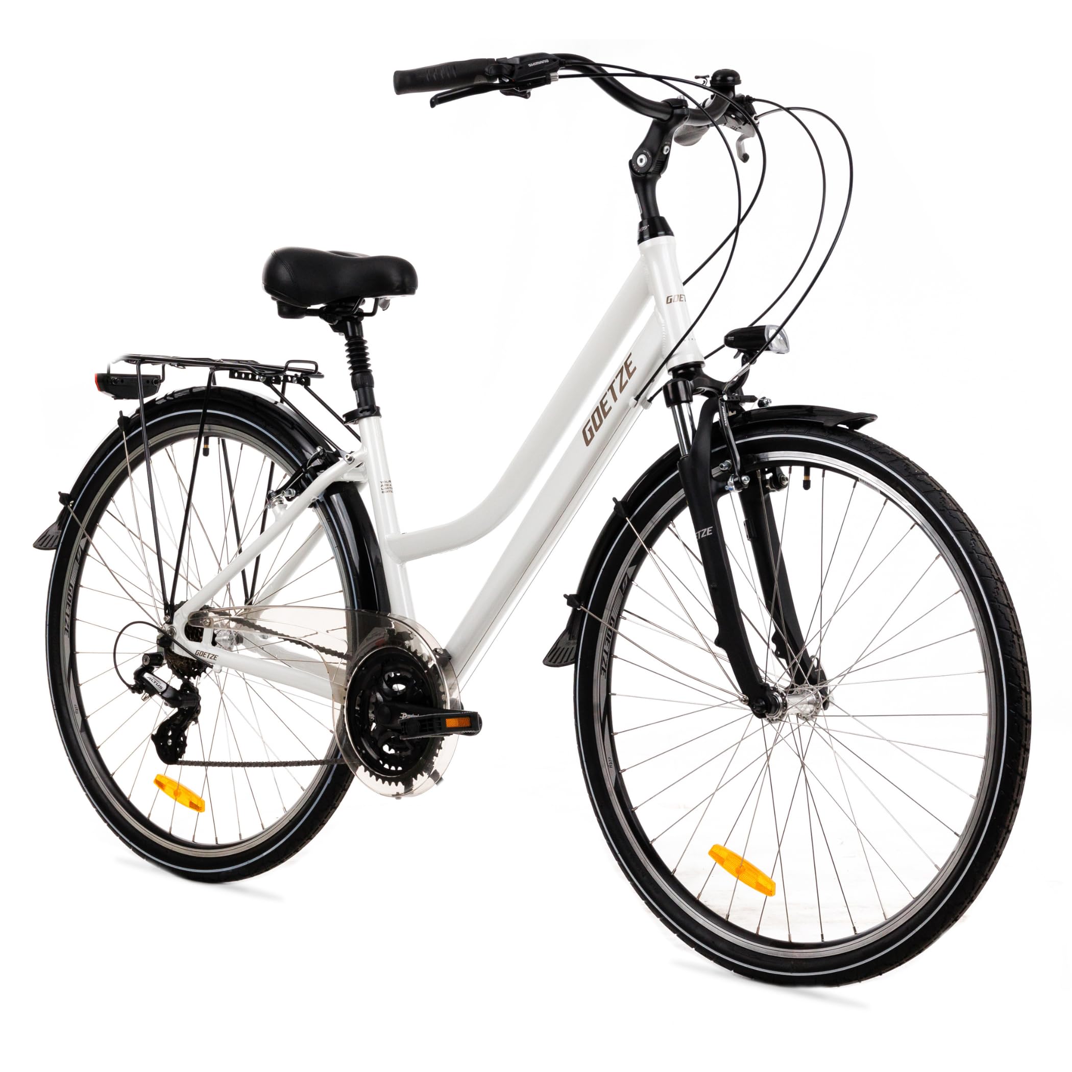 Goetze Picnic 28 Zoll Damen Trekkingrad, Aluminium Rahmen 17/19 Zoll, Shimano 21-Gang Schaltung, Federgabel, Verstellbarer Vorbau, Gefederte Sattelstütze, LED-Beleuchtung, Gepäckträger