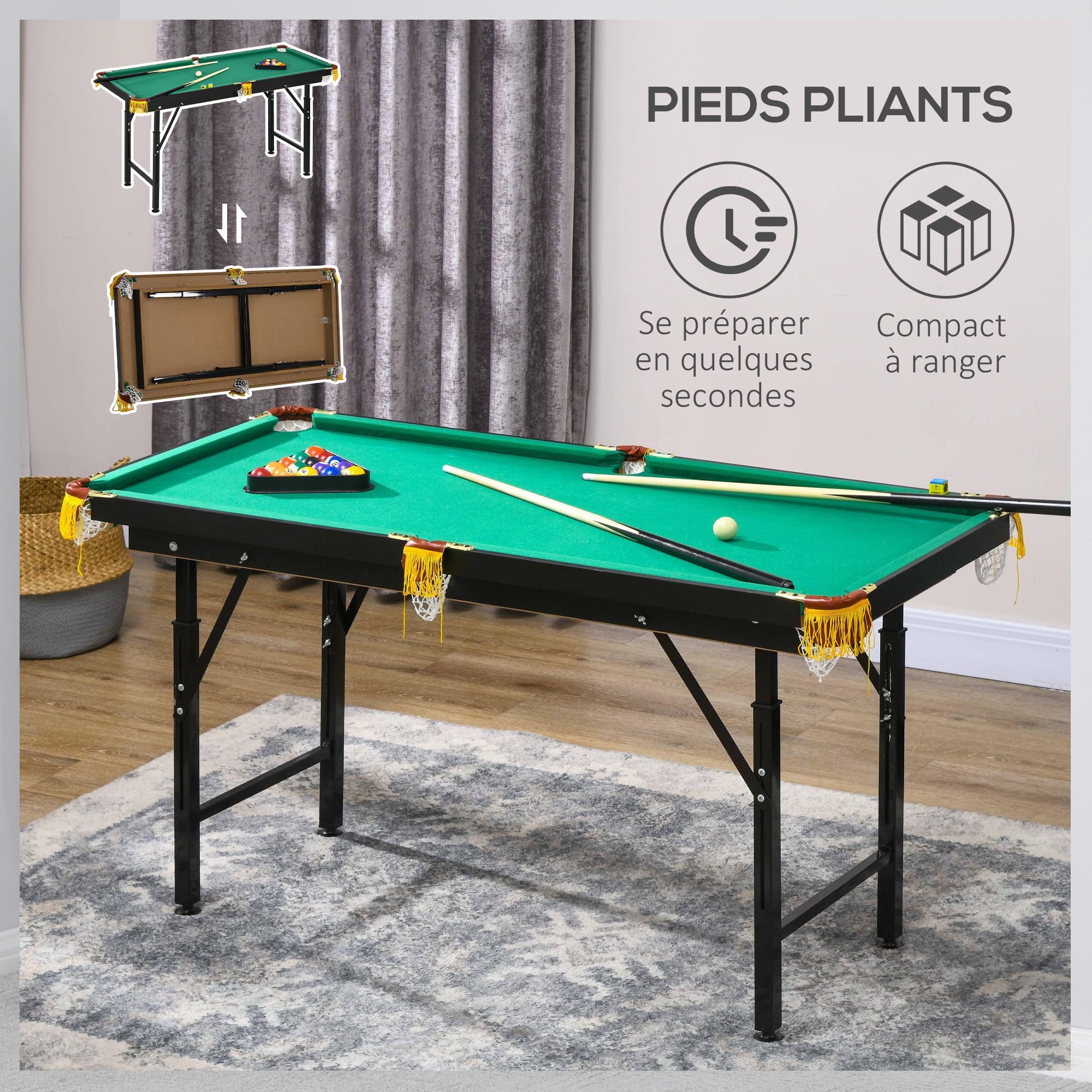 SPORTNOW Table de Billard Pliable Hauteur réglable avec Accessoires 2 queues, 16 Boules, 2 craies, Triangle, Brosse, dim. 140L x 63l x 55-75H cm Vert