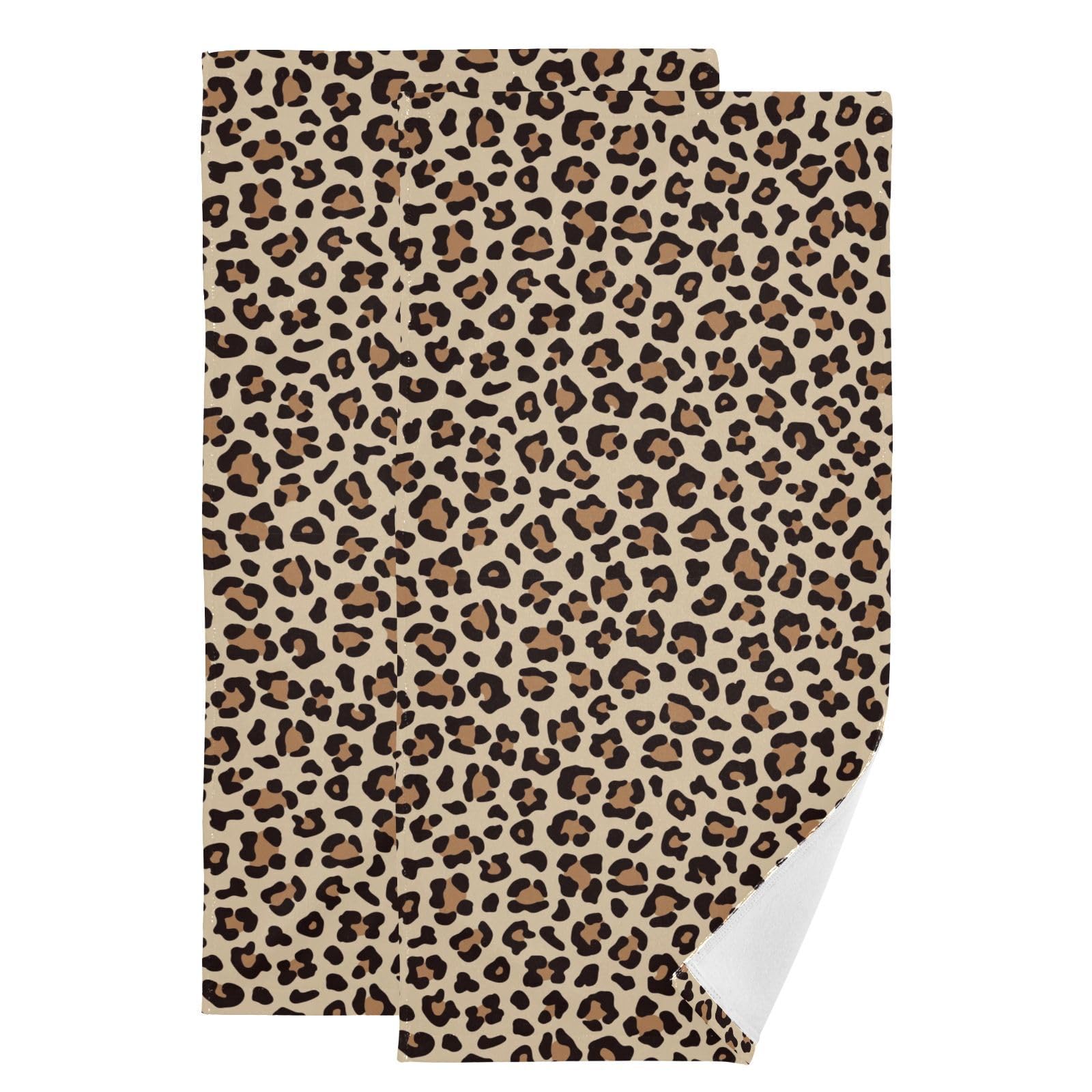 XALOGEER Gold Leopard Printed Hand Towels for Bathroom Set of 2 Brown Beige Animal Skin Cheetah Kitchen Towels Soft Absorbent Decorative Fingertip