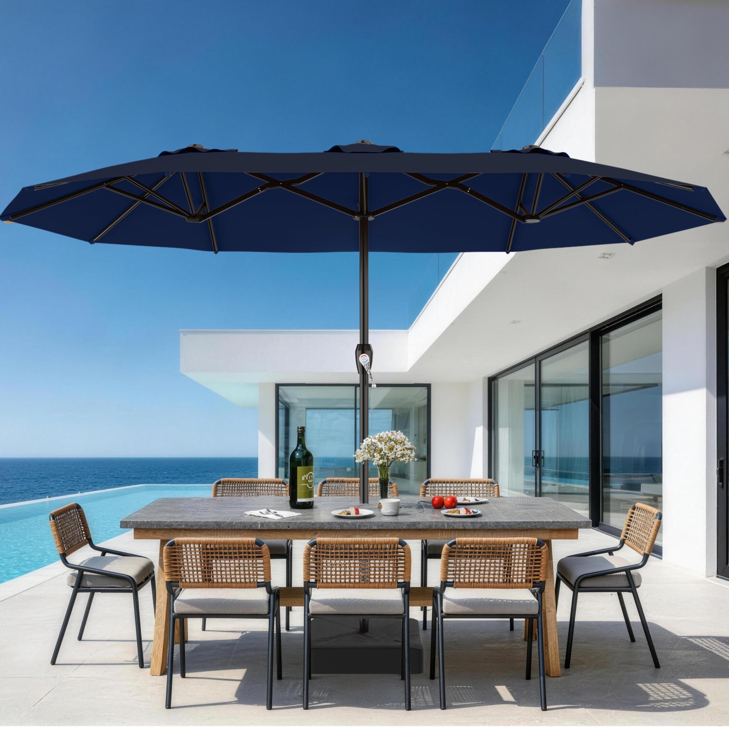 AreShark 15FT Outdoor Patio Umbrella with Crank, Large Rectangular Market Umbrella, Double-Sided Outdoor Umbrellas with Cross Base & Sandbag for Porch, Lawn, Pool, Backyard, Navy : Patio, Lawn & Garden