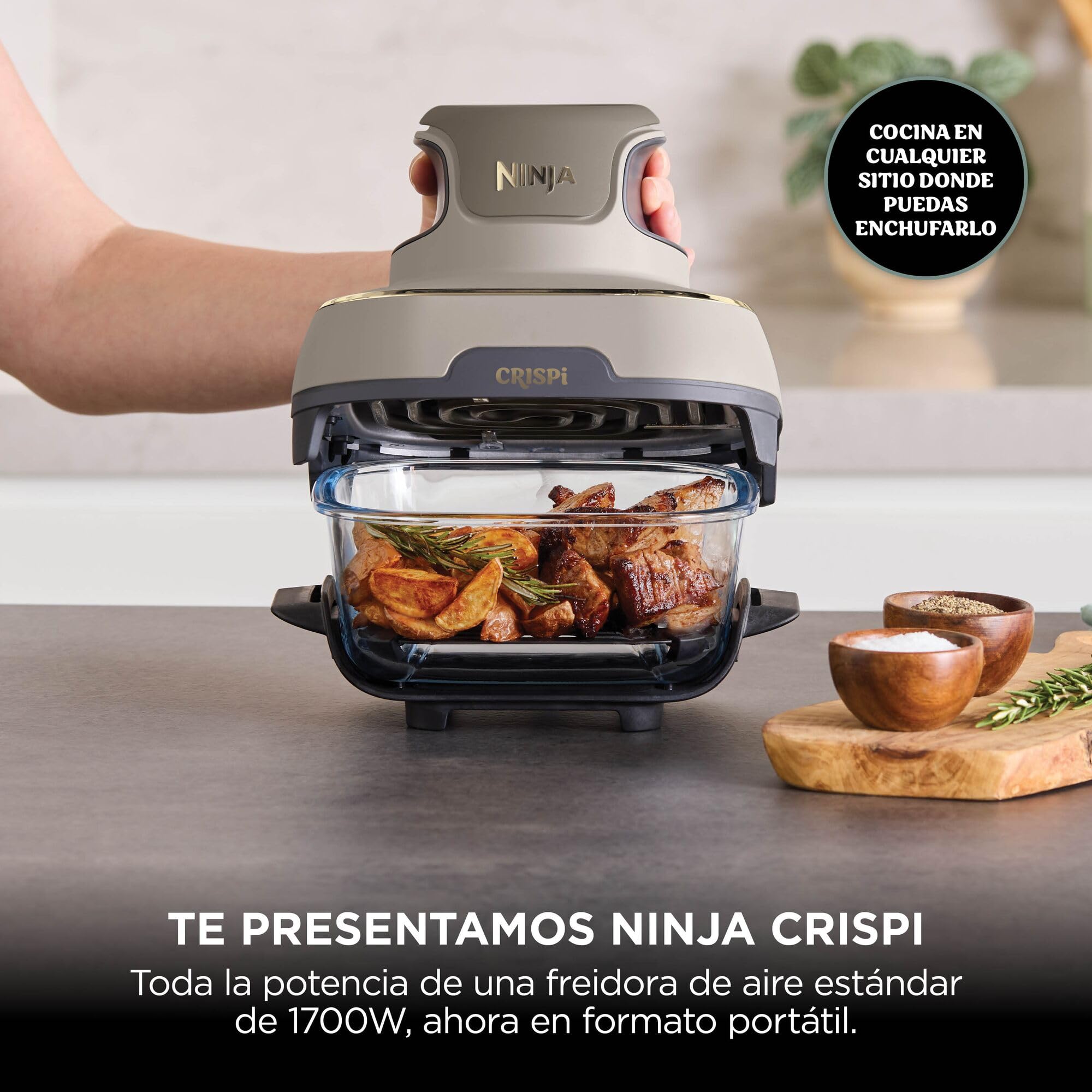 Ninja CRISPi Freidora de aire portátil, 3,8 l, 4 en 1, freír con aire, asar, mantener caliente y gratinar, incluye 2 recipientes de vidrio extraíbles y tapas, piedra dorada, FN101EUSTGD