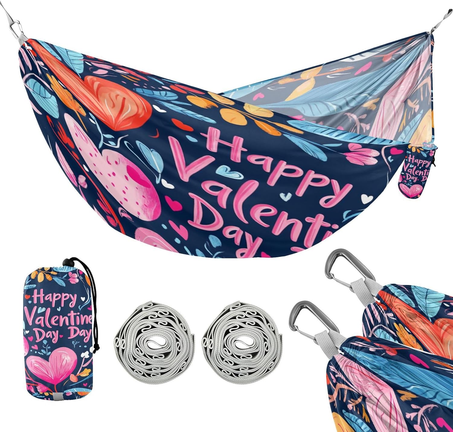 Valentines Day Floral Leaves Camping Hammocks with Tree Straps Cloth Hammock for Indoor Outdoor Patio