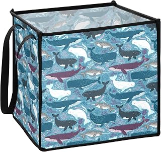 Poeticcity Seamless Whales Narwhal Blue, Beluga, White, Sperm Whale on Blue Square Storage Basket Bin, Collapsible Storage Box, Baskets Organizer for Toy, Clothes Easy to Assemble 13x13x13 in