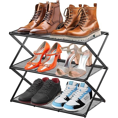 Small Shoe Rack for Entryway - 3 Tier Shoe Organizer Metal Foldable Shoes Storage Rack, Zero Tool Install, Sturdy Shoe Rack for Closet, Living Room - Space Saving, Black