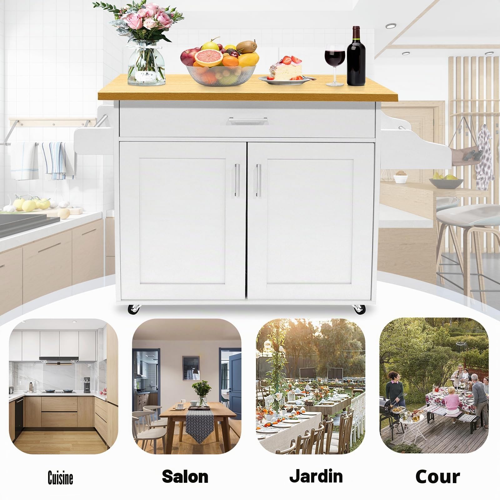 Chariot de cuisine sur roulettes, îlot de cuisine avec plan de travail, armoire de cuisine, chariot d'appoint avec porte, 115 x 36 x 90 cm, blanc