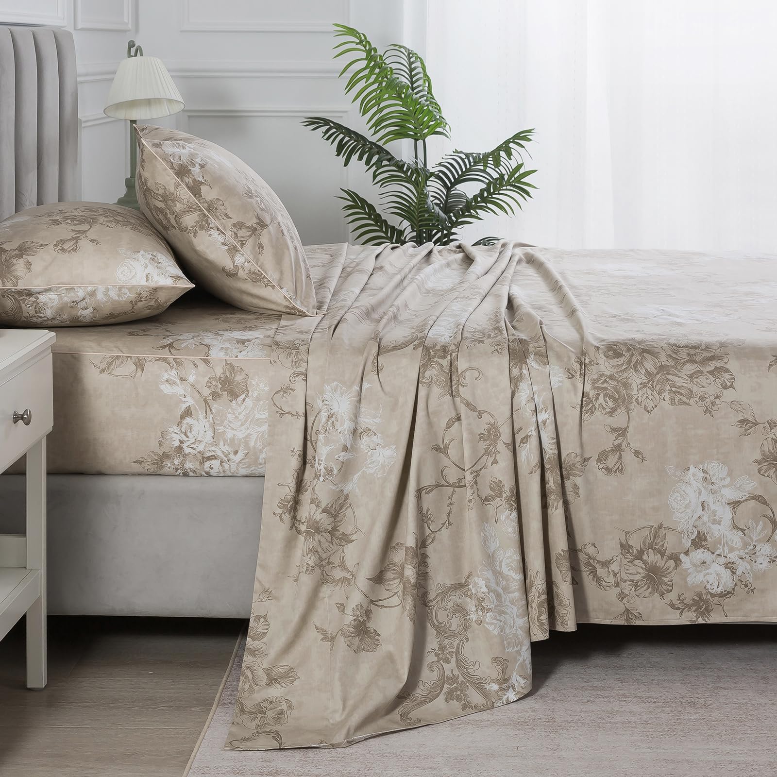 Dark Beige Vintage Floral Percale Bed Sheets King Size Deep Pocket | 100% Cotton Brown Flower Farmhouse Sheets, Neutral Patterned Toile Sheet Set, Cottage Core Bedding, Shabby Chic, Crisp, 4Pcs