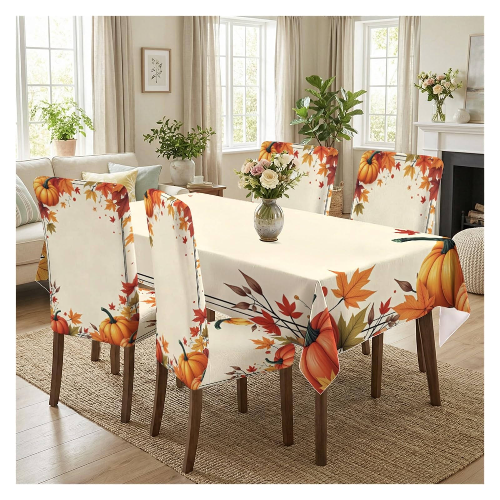 KXUAUV Autumn Pumpkin & Maple Print Stretch Dining Chair Covers & Tablecloth Set, 5/7 Pack Party Decor(5pcs Set: Tablecloth+Chair Covers)