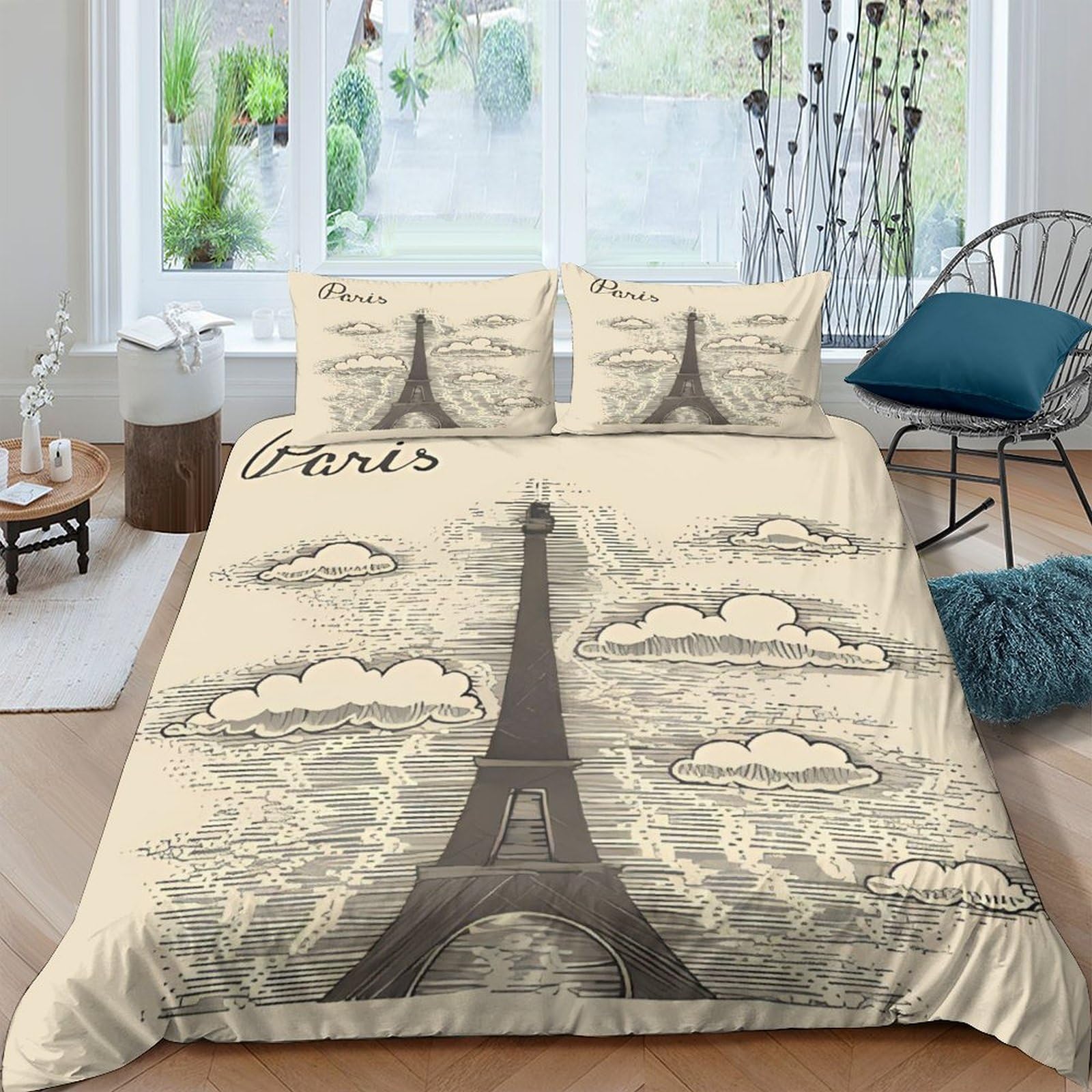 Parure de lit Tour Eiffel anti-plis housse couette 200x200 zippée microfibre