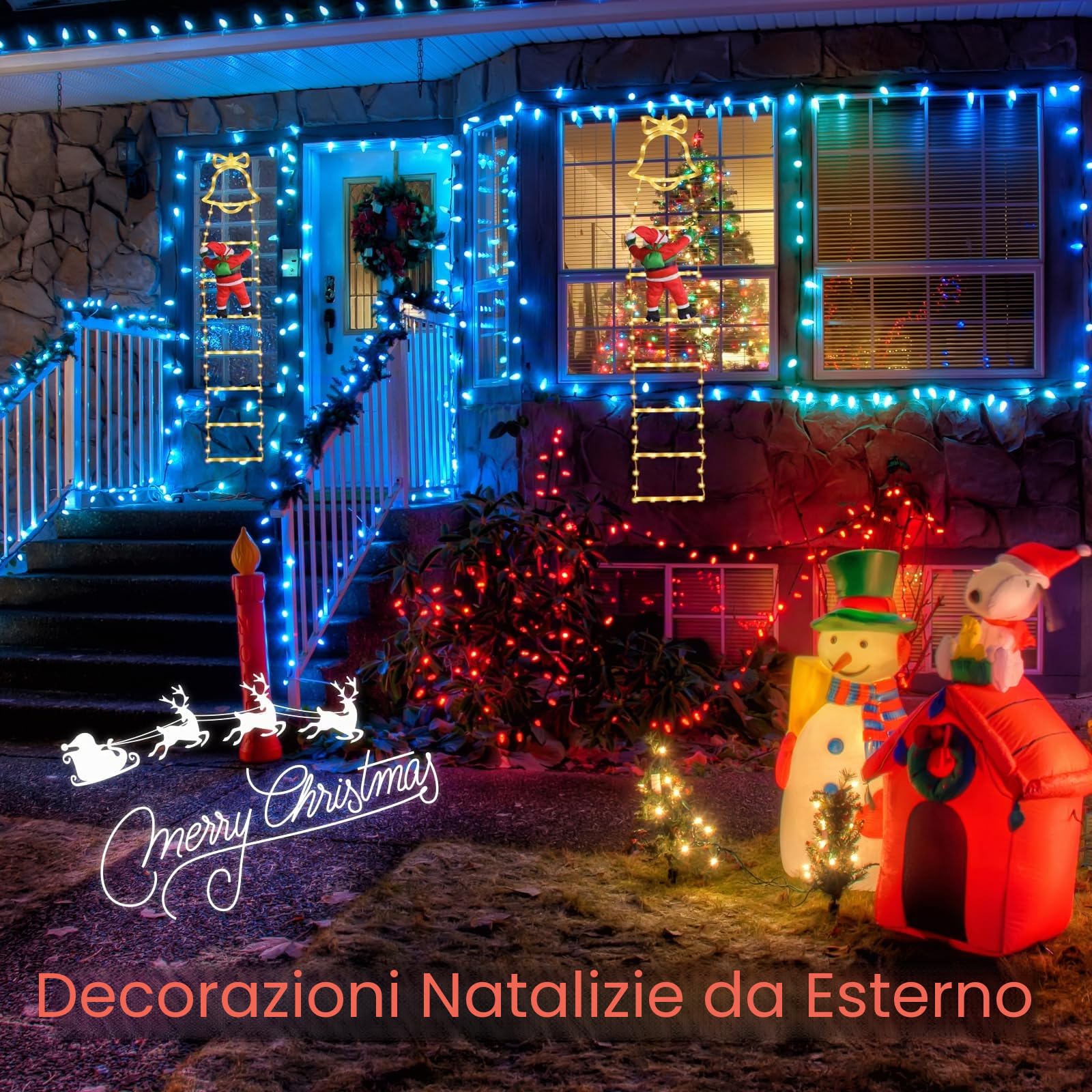 SelfTek Luci Decorative Natalizie a Scala con Babbo Natale Rampicante, Decorazioni Natalizie a LED con 8 Modalità di Luce per Interno, Esterno, Giardino (160cm/5.25ft, Bianco Caldo)
