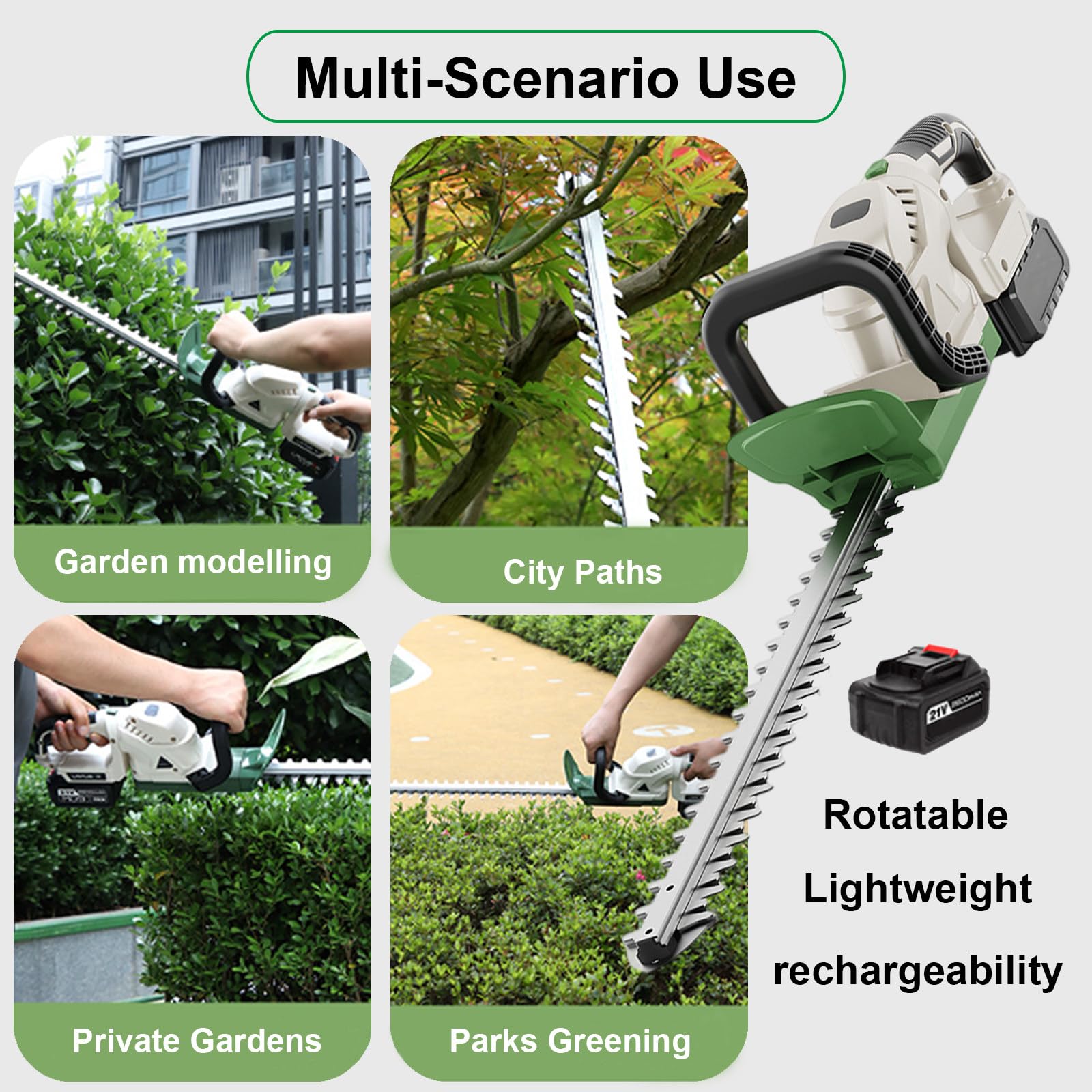 Cortasetos inalámbrico, Cuchilla de 51 cm, Cortador Ligero. Incluye 2 baterías de 21 V y 2600 mAh. Interruptor de Arranque Doble para jardín, arbustos y césped.
