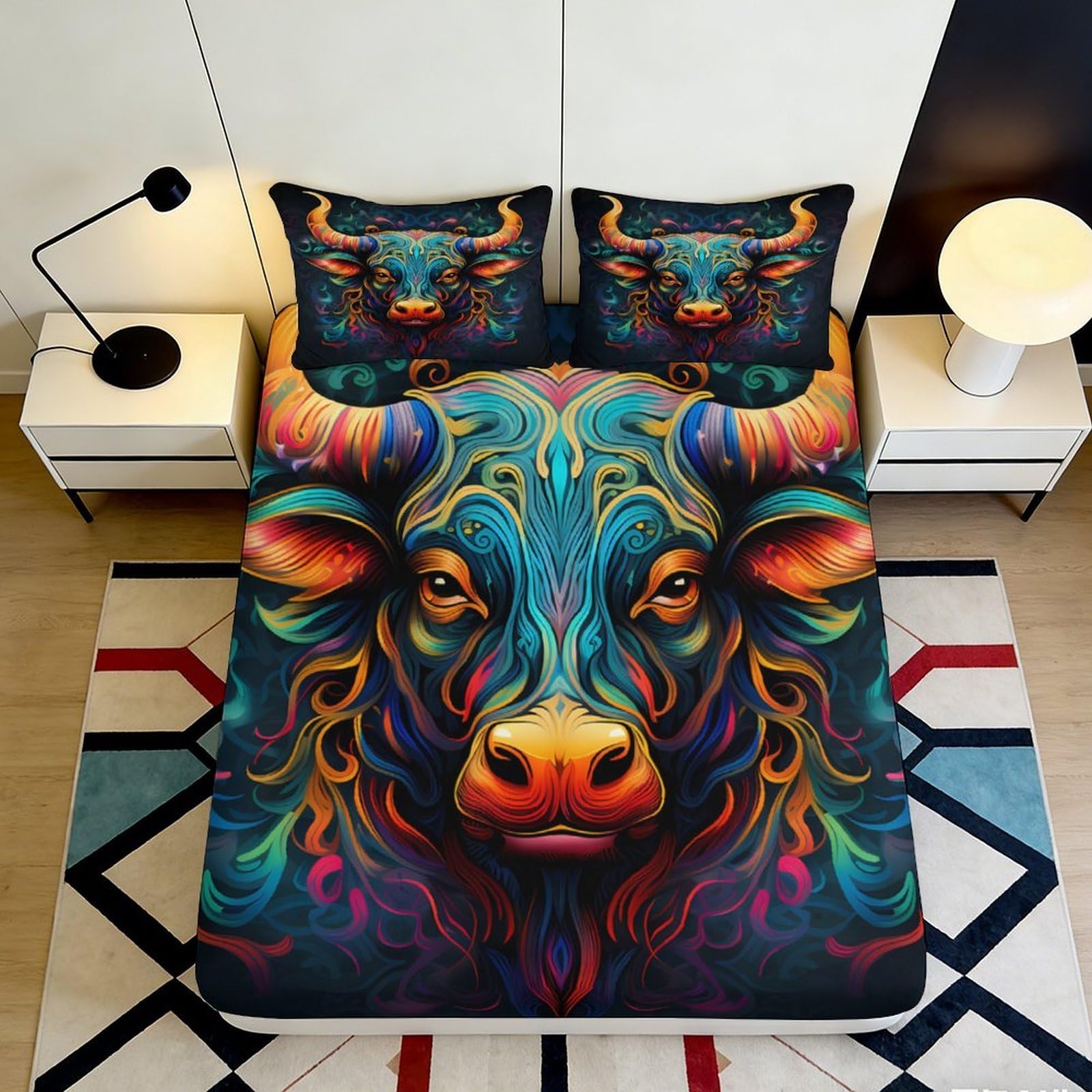 3D Printed Colorful Bull Fitted Sheet Microfiber Soft Artistic Buffalo Mattress Cover for Bedroom Dorm Decor 90x200x25cm