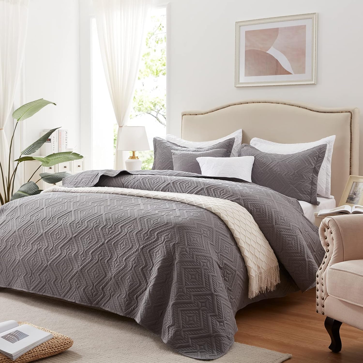 Set de colcha doble/Queen, 3 piezas, microfibra suave y ligera, colcha de verano y set de cubrecama para todo el año, 229 x 249 cm, gris,(1 colcha y 2 fundas de almohada)