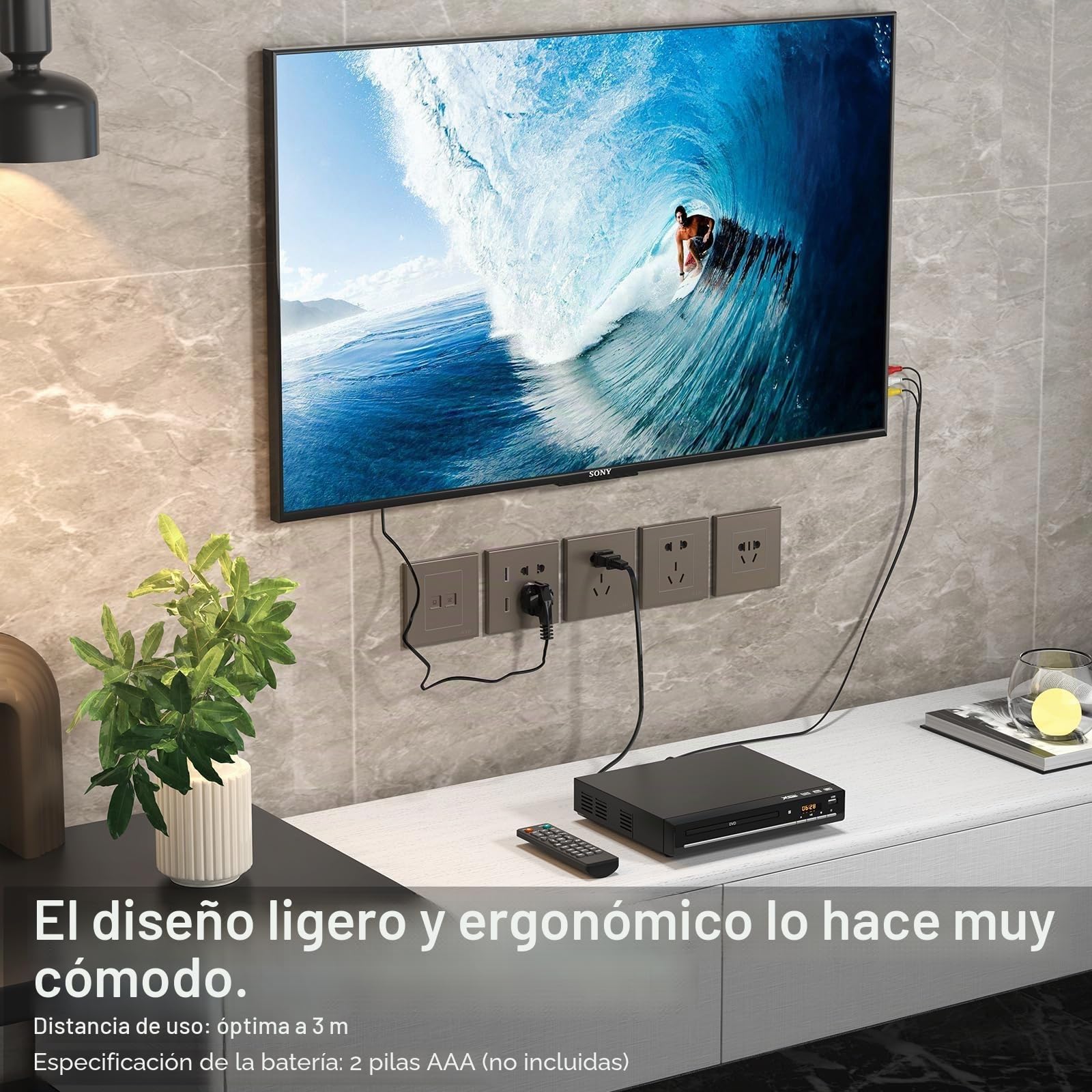 Reproductor de DVD para TV con HDMI, reproduce todas las regiones y formatos, reproductor de CD para el hogar, soporta vídeo 1080P / CD / DVD / VCD / JPEG / USB, mando a distancia, cables HDMI y RCA