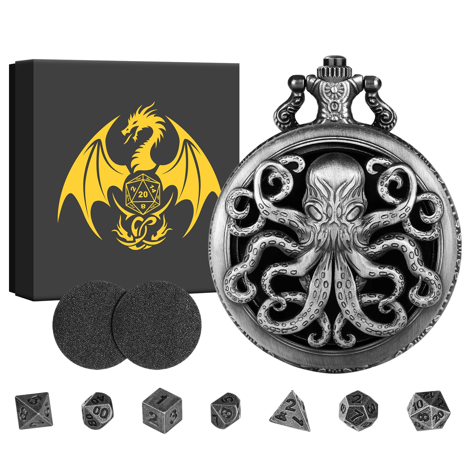 BYRRSF Mini DND Dice Set, Portable Hollow Octopus Pocket Watch Case, 7Pcs Polyhedral Metal D&D Dice, Dungeons and Dragons Gifts with Gift Box, Role Playing Board Game Accessories, Silver