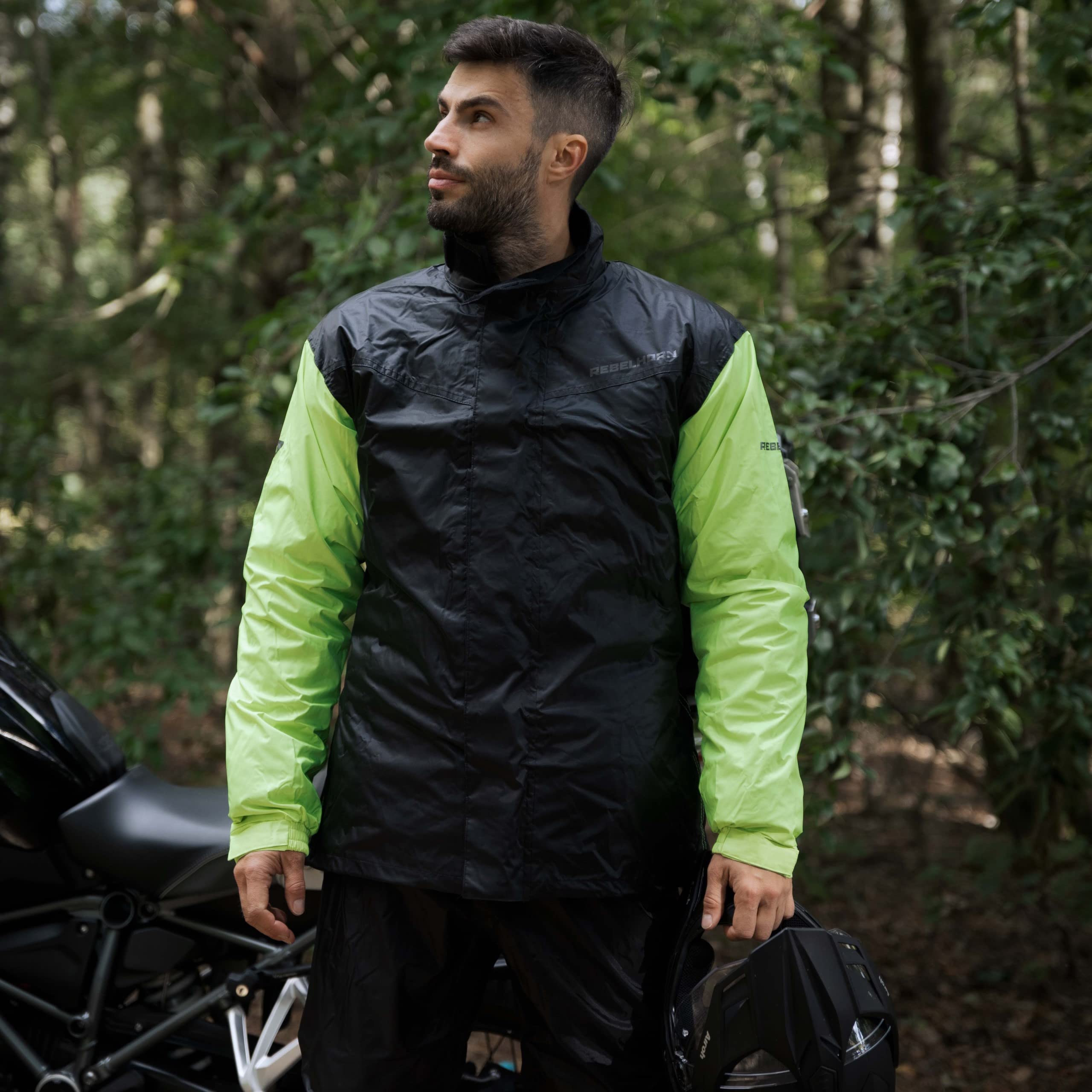 REBELHORN Rain Motorrad Regenanzug | Zweiteiliger | Laminierte Nähte | Elastische Kordelzüge | Reflektierende Elemente | Größen bis 5XL