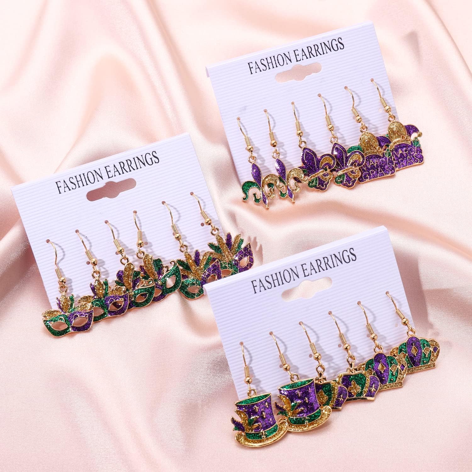 9 Pairs Mardi Gras Earrings for Women Carnival Crown Hat Fleur De Lis Mask Drop Dangle Earrings Glitter Purple Green Gold Earrings Holiday Celebration Parade Party Jewelry Gift - Image 6