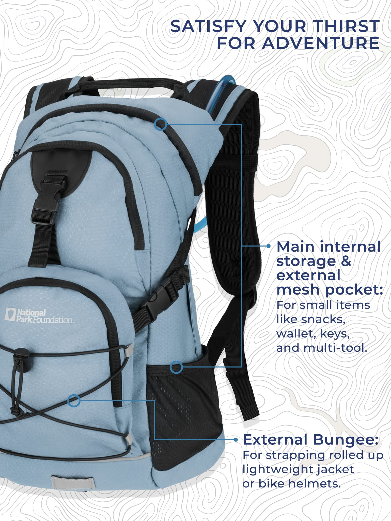 National Park Foundation Sac à dos d'hydratation de 18 l avec sac à eau de 2 litres, sac à dos léger pour le cyclisme, la randonnée, la course, l'escalade, pour hommes, femmes et enfants (bleu)