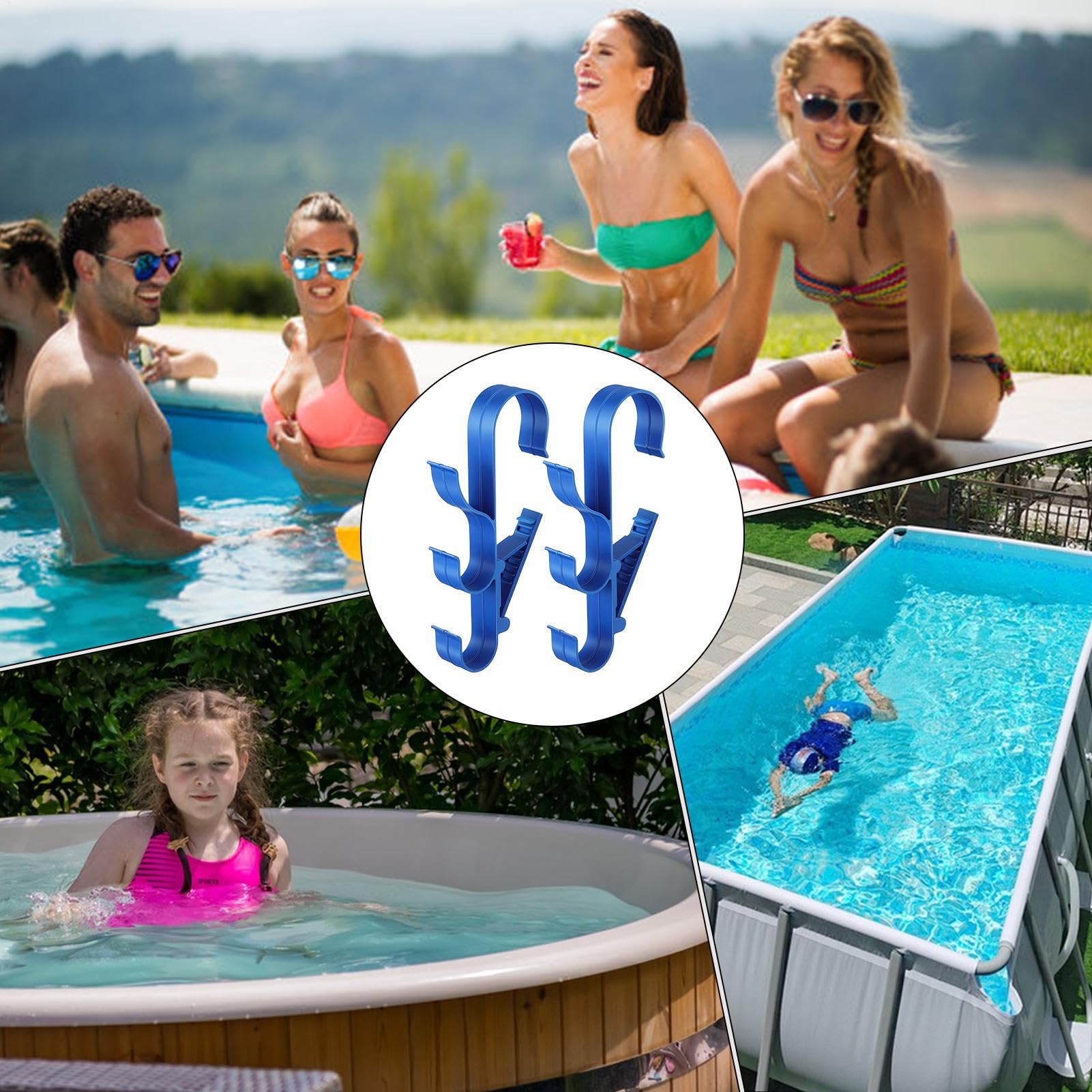 Ganci per piscina, portaoggetti per piscine, 30,5 x 13,5 x 3,5 cm, supporto resistente con set da 2 pezzi e clip per gancio a bordo piscina, uso esterno per foglie, rastrelli, reti, asciugamani