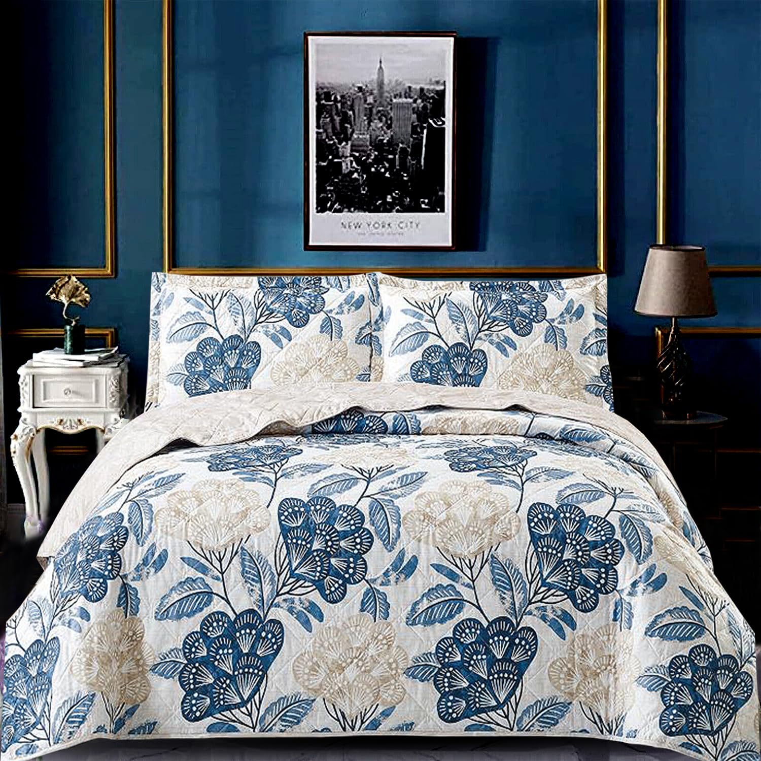 OZMIC Quilted Bedspreads Patchwork Throw - Box Pattern Cotton Filling Vintage Bedding Double Bed Bedspread - Hypoallergenic Quilt Coverlets 3PCS Warm Bedding with Pillow Shams - Bloom Blue