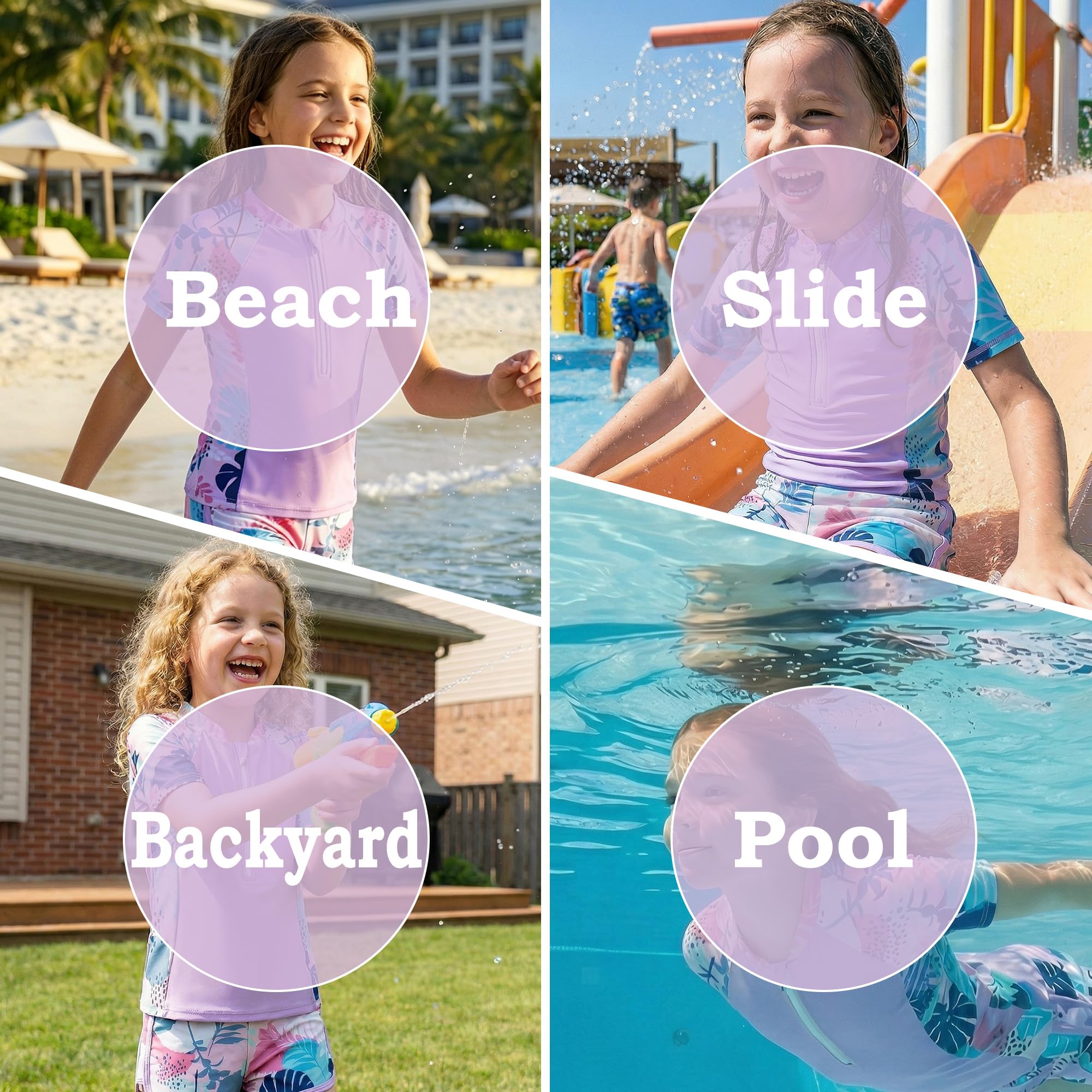 Niñas Traje de Baño 2 Piezas Manga Corta Protección Solar, Secado Rápido Estampado Top con Cremallera y Shorts, Elástico Rash Guard Playa Piscina Bañador Ropa para 5-14 Años