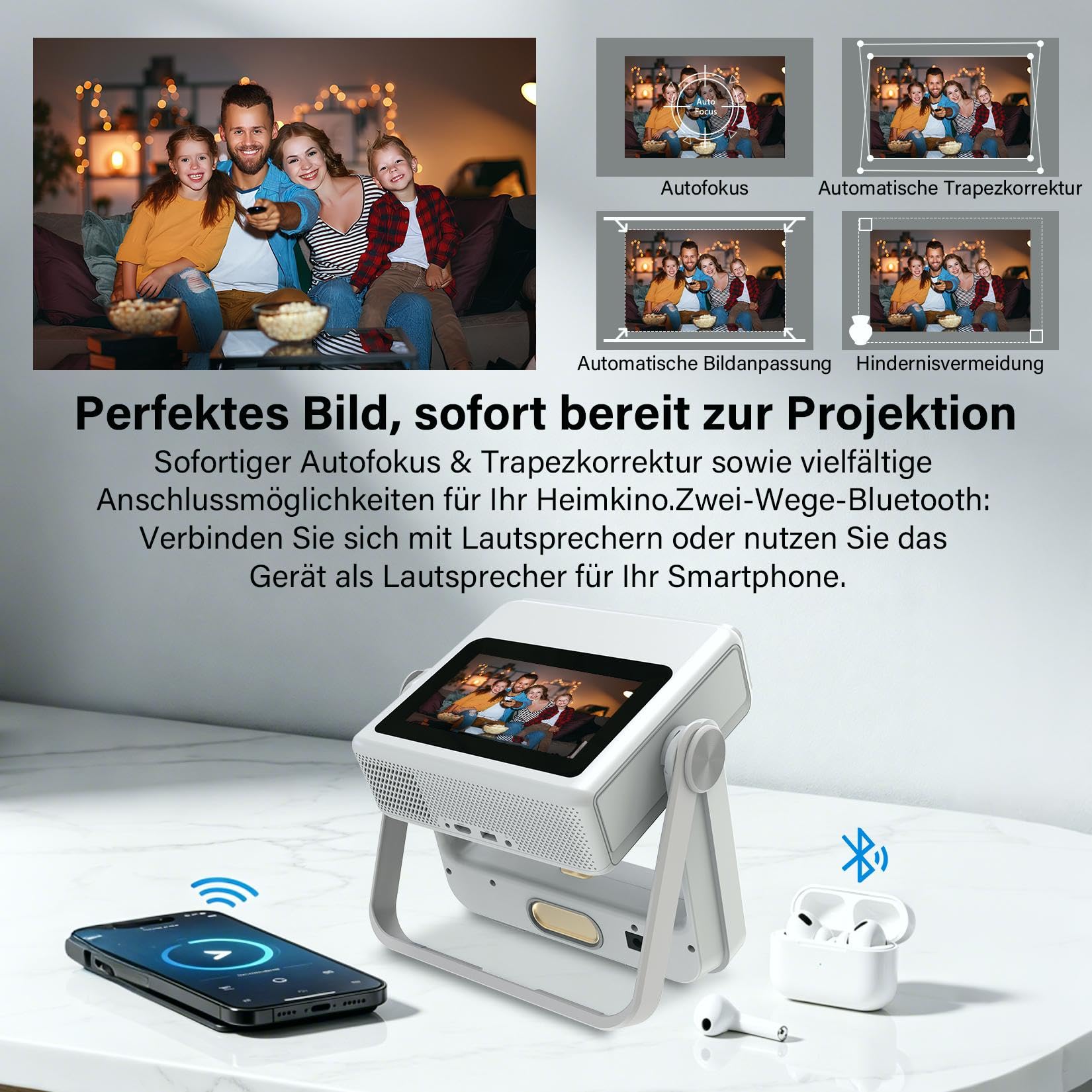 Proiettore Smart Compatibile 4K, Videoproiettore Full HD 1080P con Touchscreen, Doppio Display, 1200 ANSI, Autofocus, WiFi 6 Bluetooth, 1000+ App, Audio 25W per Home Cinema Camera da Letto Campeggio