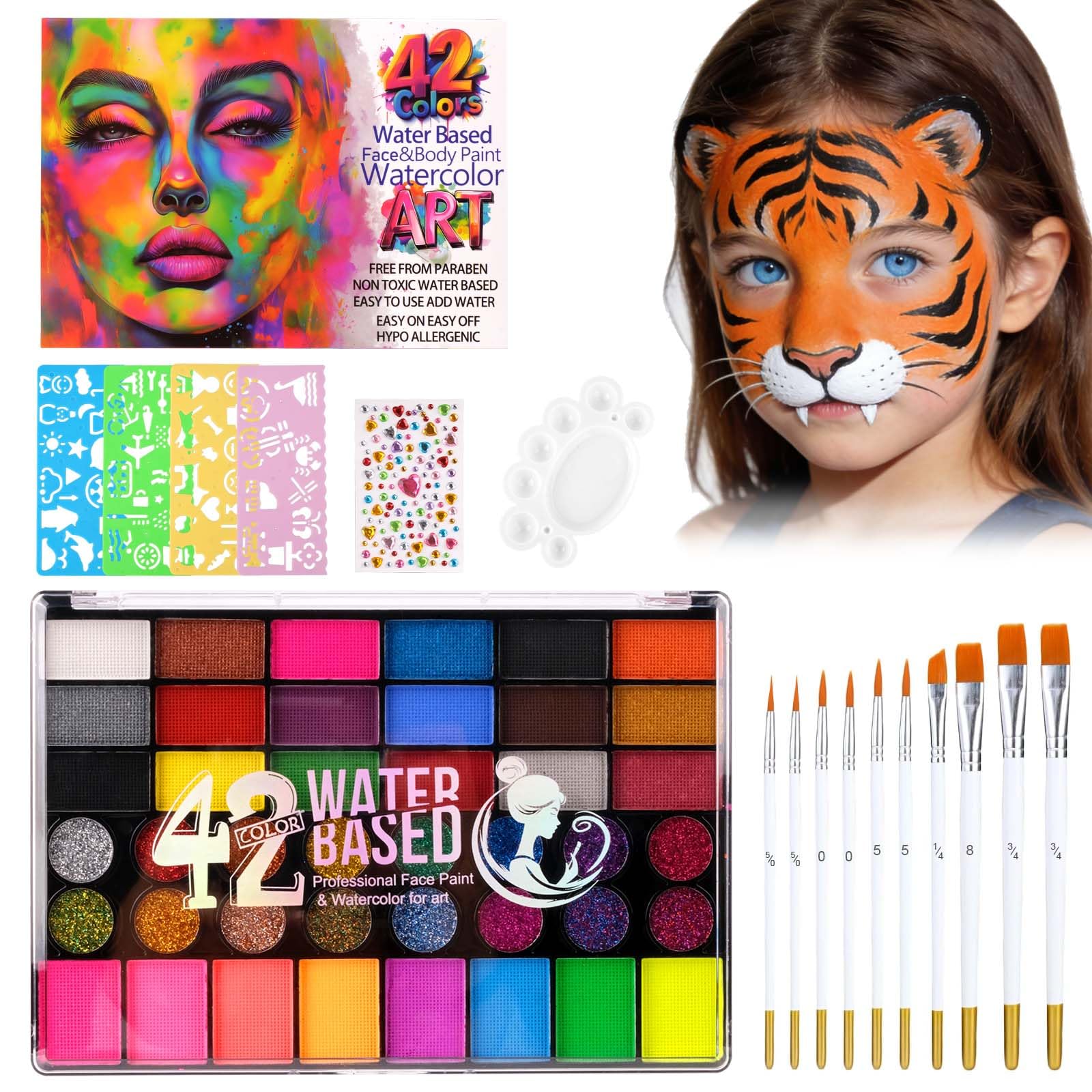 Body Painting, 42 Colori Truccabimbi Kit con 10 Pennelli e 4 Modelli per Tatuaggi, Non Tossico Trucco Viso a Base d'acqua, Trucca Bimbi Viso Bambini per Carnevale, Pasquale, Halloween