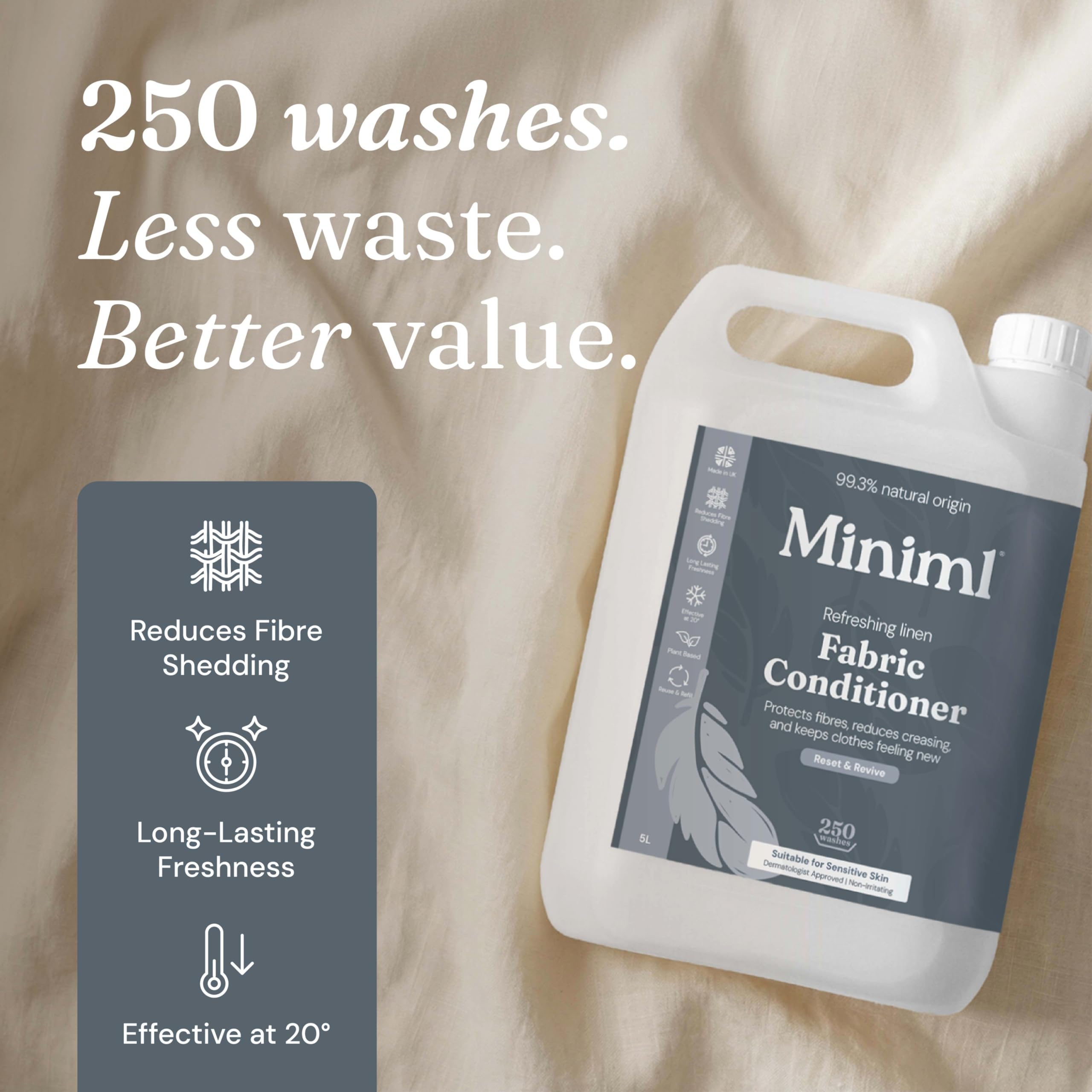 Miniml Adoucissant et revitalisant Eco, recharge de 5 litres - Adoucissant naturel au lin frais pour peaux sensibles - 100% végétalien et sans cruauté envers les animaux (250 lavages)