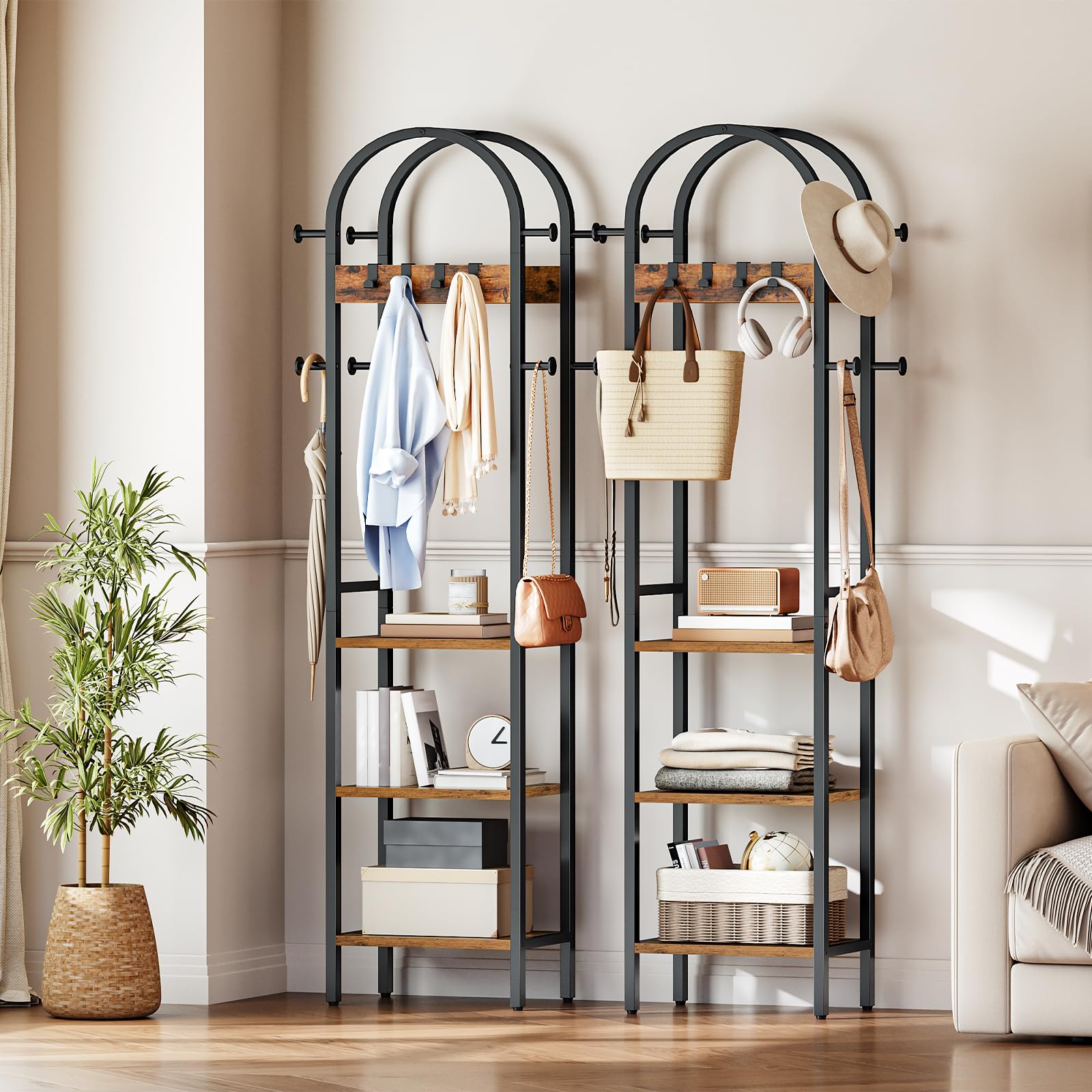 HOOBRO Perchero de Pie con 12 Ganchos y 3 Estantes de Almacenamiento, para Ropa, Sombreros, Bolsos y Accesorios, Entrada, Sala de Estar, Dormitorio, Marrón Rústico y Negro EBF40YM01