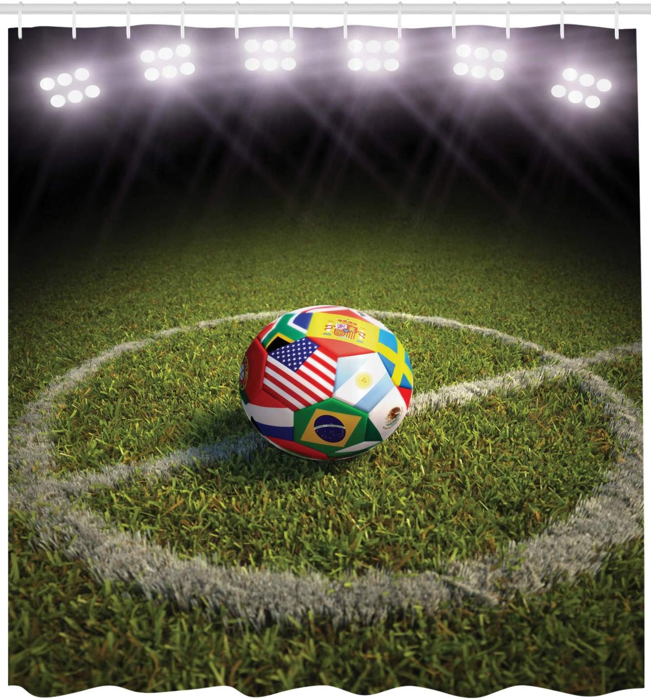 Ambesonne Sports Shower Curtain, Soccer Ball on a Field withed Flags of The Participating Countries Competition of The Game Art, Cloth Fabric Bathroom Decor Set with Hooks, 69" W x 70" L, White Red