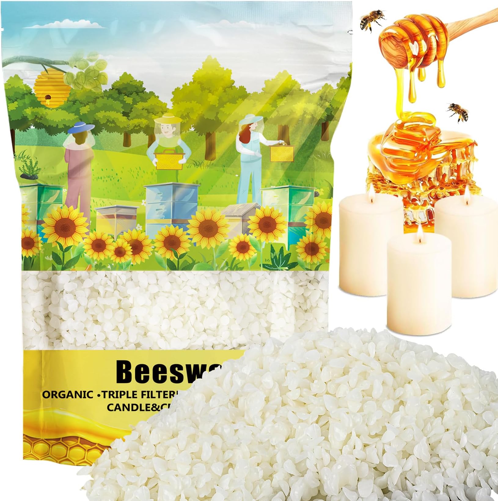 CARGEN Organic Natural Beeswax Pellets - 453g White Beeswax Pastilles Pure Bulk Bees Wax Pellets Food Grade for DIY Beewax Making Candles Skin Care Lip Balm Soap Lotion (1lb)