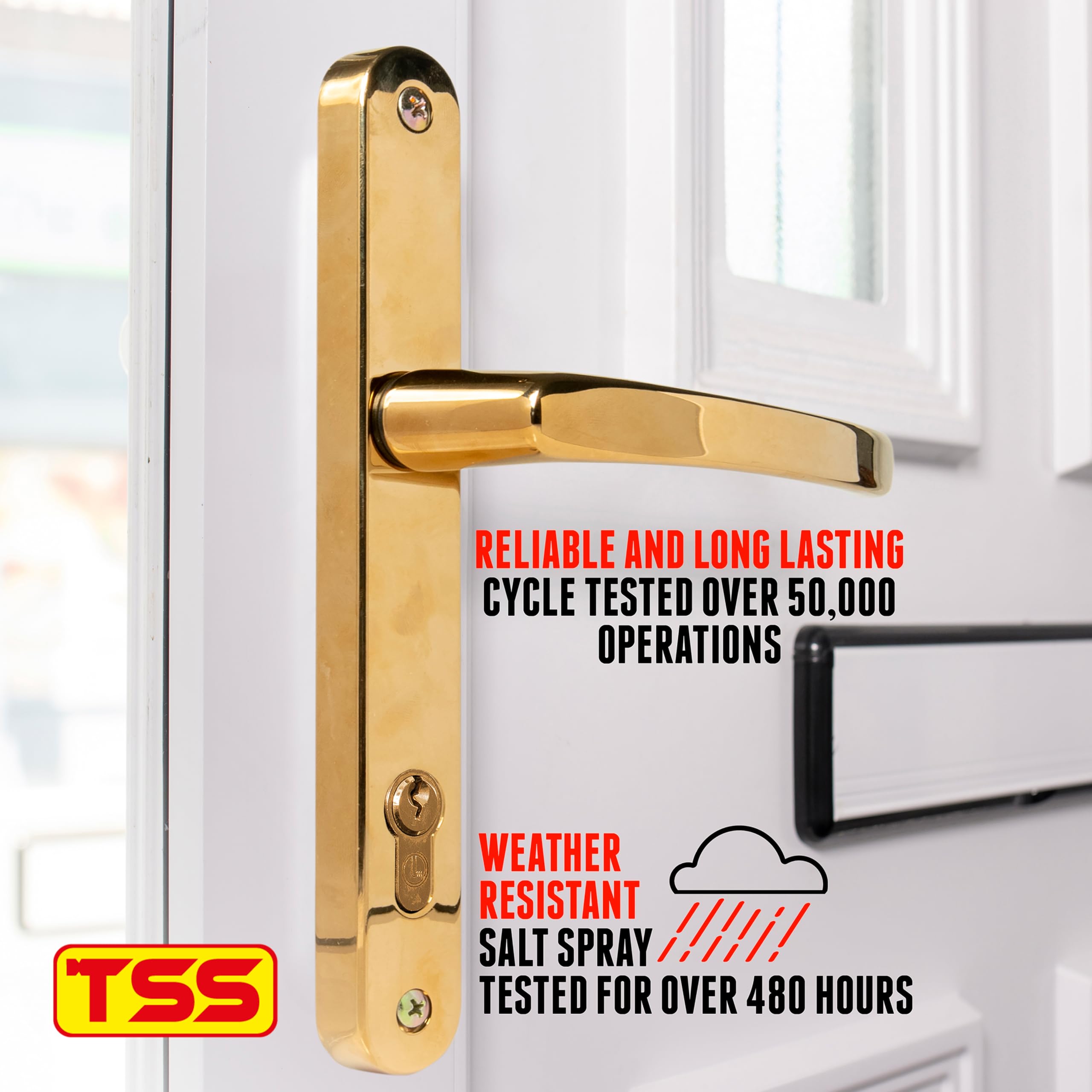 TSS UPVC Door Handle Set - Lever/Lever - 192-215mm Screw to Screw - 245x32mm Backplate - Replacement PVC Handle (Polished Brass) - Image 3