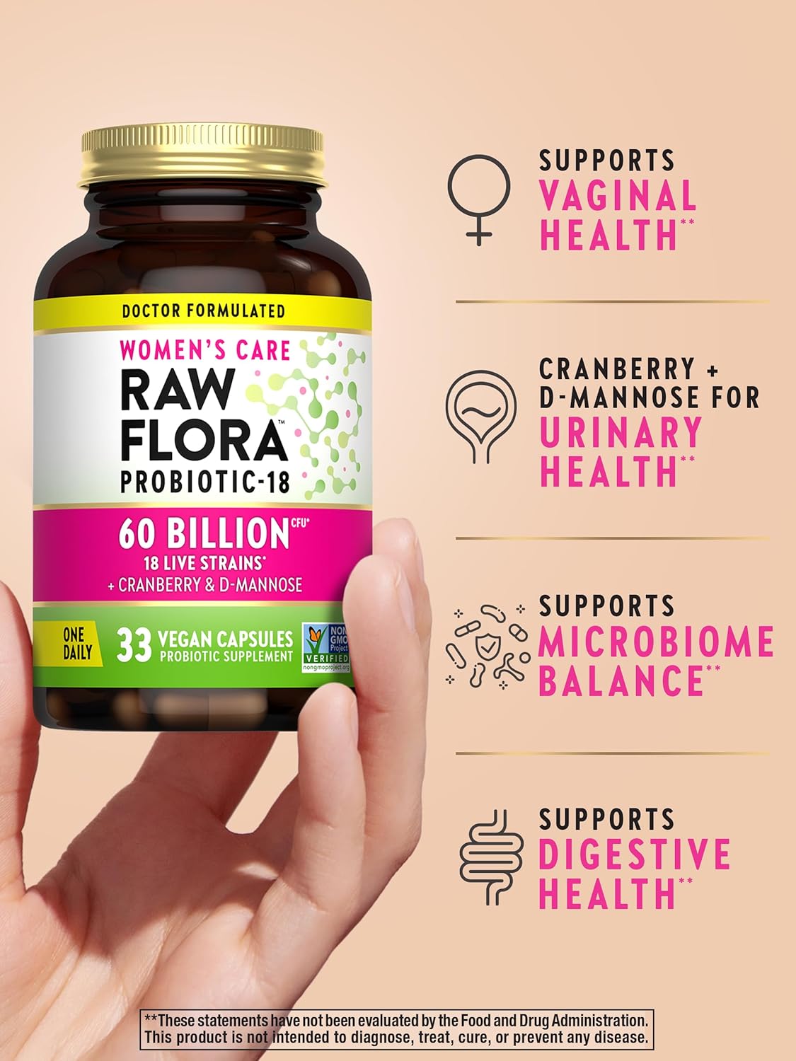 Raw Flora Women's Probiotics | Dr. Formulated 60 Billion CFU + Prebiotics | Digestive, Vaginal & Urinary Support | 33 Vegan Capsules with Cranberry & D-Mannose | Shelf Stable