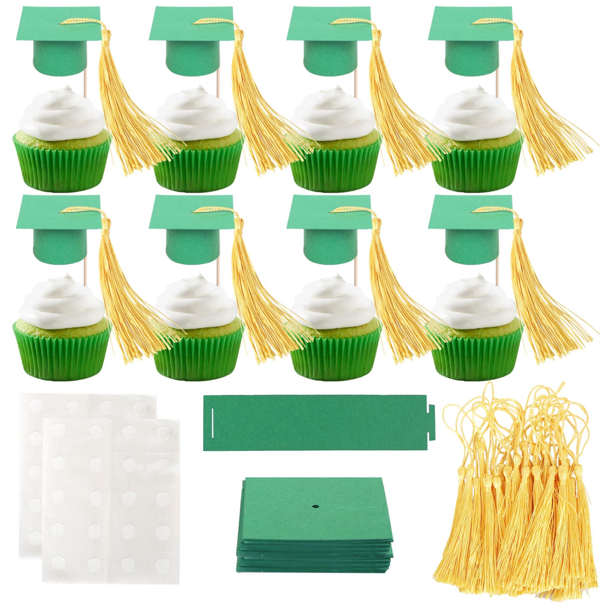 24 Pack 2026 Graduation Cap Cupcake Toppers with Tassel Congrats Grad Cap Class of 2026 Cupcake Picks Graduation Party Decorations for 2026 School Graduate Party Cake Decorations Green Gold