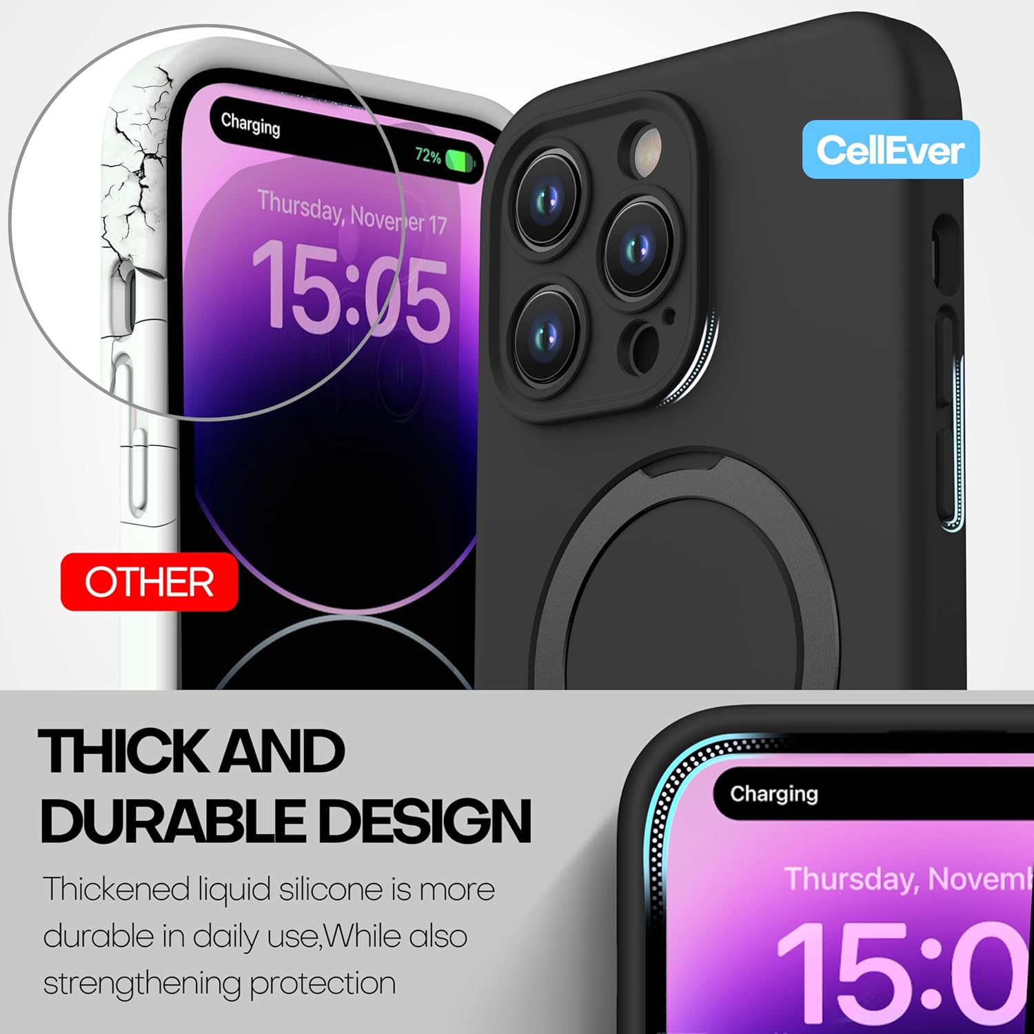 CellEver Strong Magnetic Case for iPhone 14 Pro Max [for MagSafe Charging] [Camera Protection] Heavy-Duty Protection, Soft Grip Silicone Cover with Kickstand, Black - Image 5