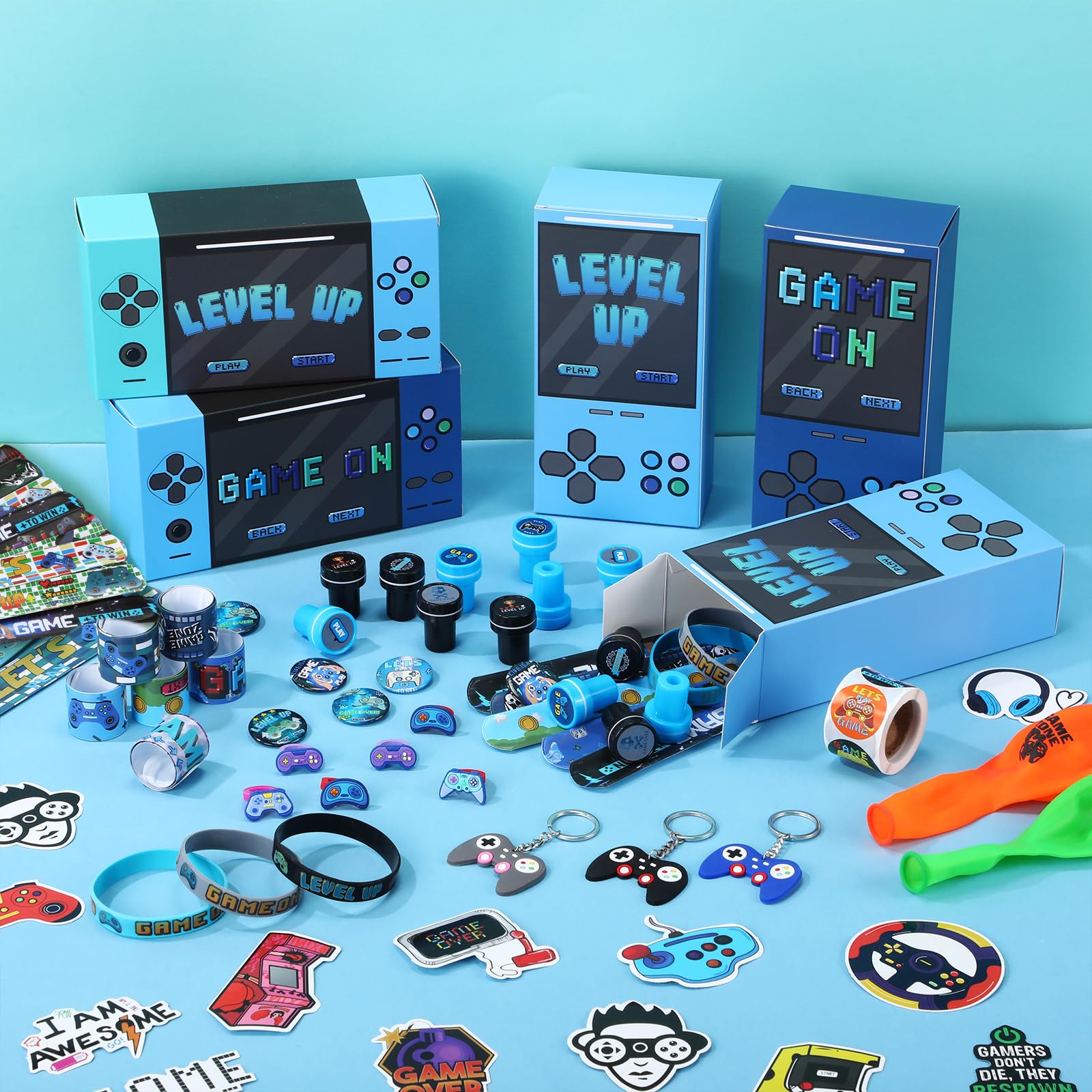 HyDren 179 piezas de recuerdos de fiesta de videojuegos, incluye cajas de regalo de videojuegos, globos perforadores, pulseras de silicona, llaveros, insignias, calcomanías para juegos de fiesta de