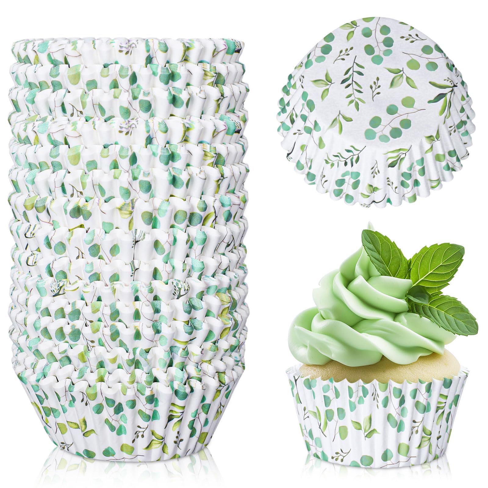 Whaline 300Pcs Greenery Cupcake Liners Eucalyptus Baking Cups Sage ...