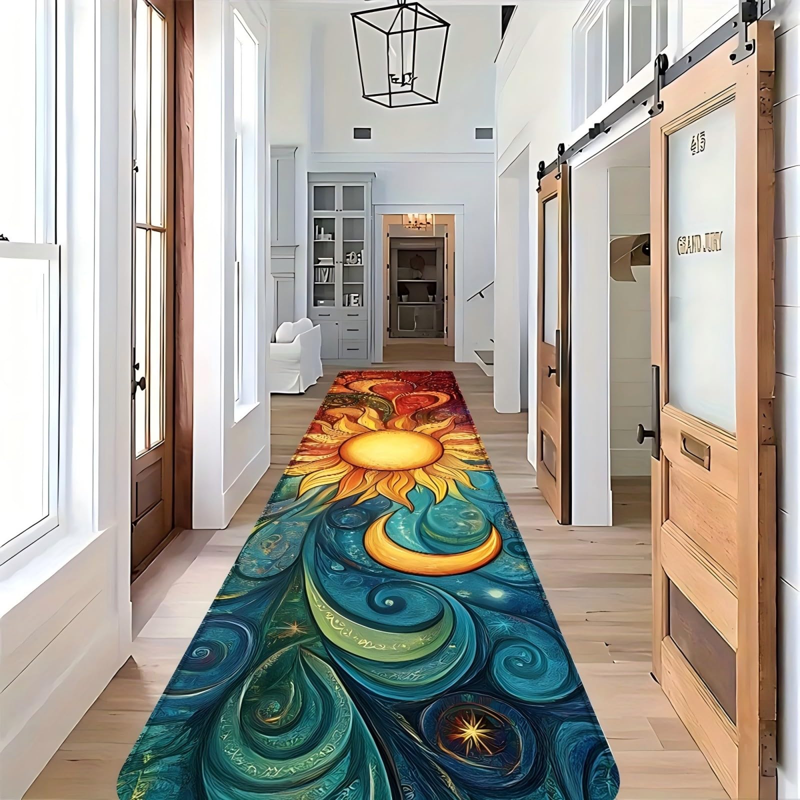 RICAUOU Sun Moon Hallway Runner, 120x360cm Abstract Art Starry Swirl Teal Blue and Orange Non-Slip Long Carpet, Machine Washable 3D Visual Illusion Kitchen Runner Carpet for Kitchen Entryway Bedroom