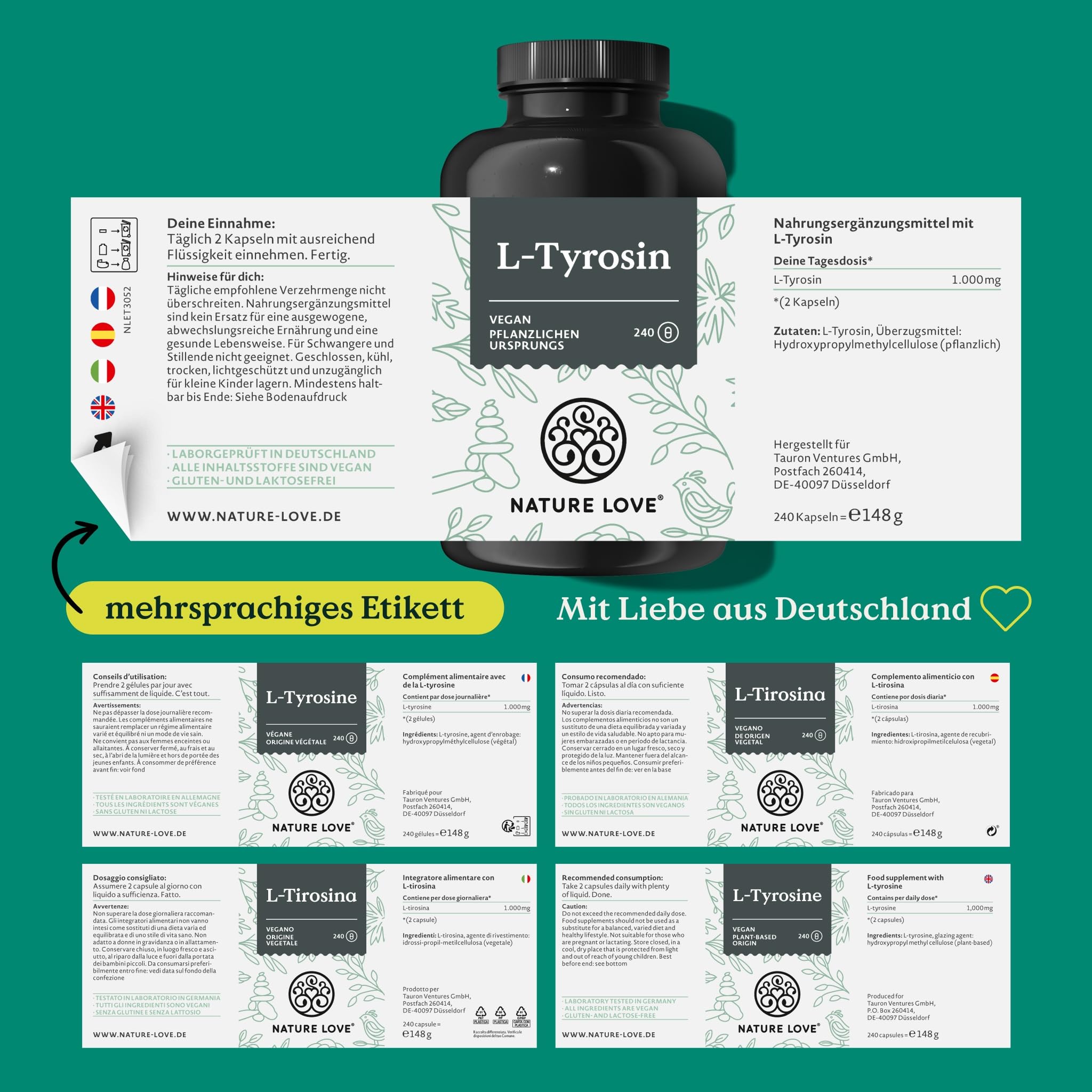 Nature Love L-Tyrosin 240 vegane Kapseln - 1000 mg pro Tagesdosis - 4 Monate Reichweite - aus Fermentation, laborgeprüft und in Deutschland produziert - ohne unerwünschte Zusätze