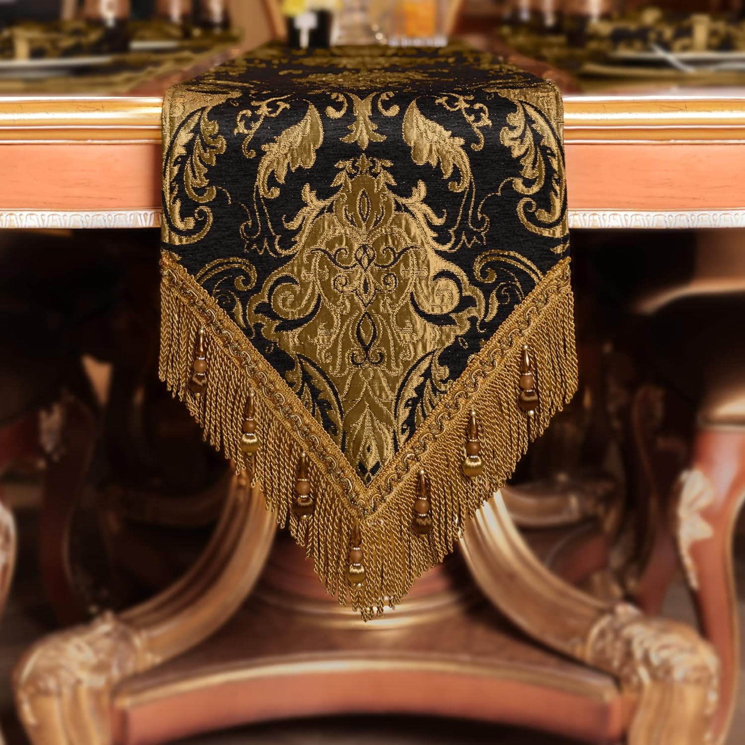 Loom and Mill Luxury Chenille Table Runner 90 Inches Long, Black Damask Jacquard Table Runners with Multi-Tassels for Halloween Dining Room Dresser Party Holiday Banquet Decorations(Black,13*90 inch)