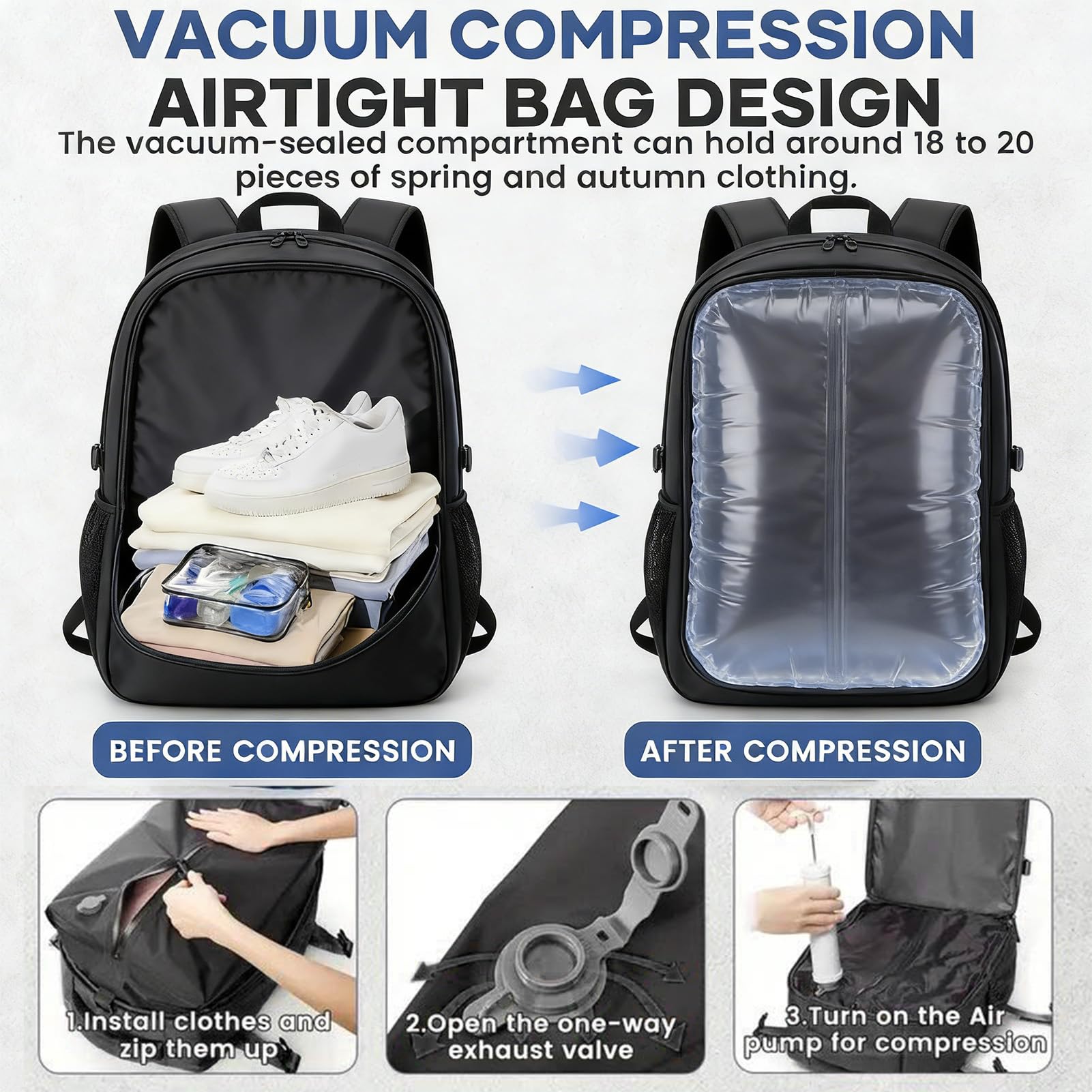 AUNMAS Sac à Dos Sous Vide 40 L pour Voyage avec Pompe à Air, Sac de Compression Sous Vide en Tissu Oxford Imperméable de Grande capacité pour les Sports de Plein Air, le Camping, le