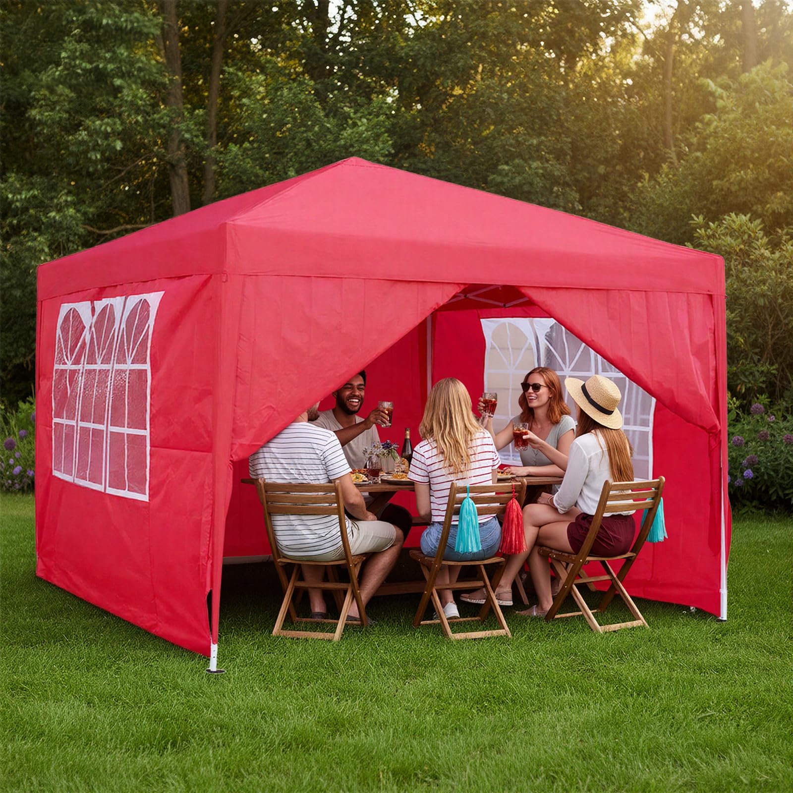 Pop Up Gazebo With Four Sides, 2x2m, 2.5x2.5m, 3x3m, Metal Frame Outdoor Party Shelter Tent, With Windows, Carry Bag (Red, 2.5mx2.5m)