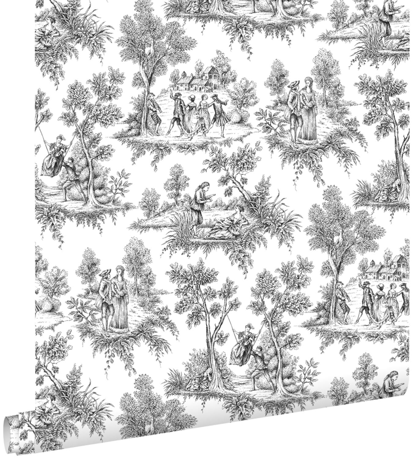 papier peint toile de jouy noir 53 cm x 10.05 m - ESTAhome