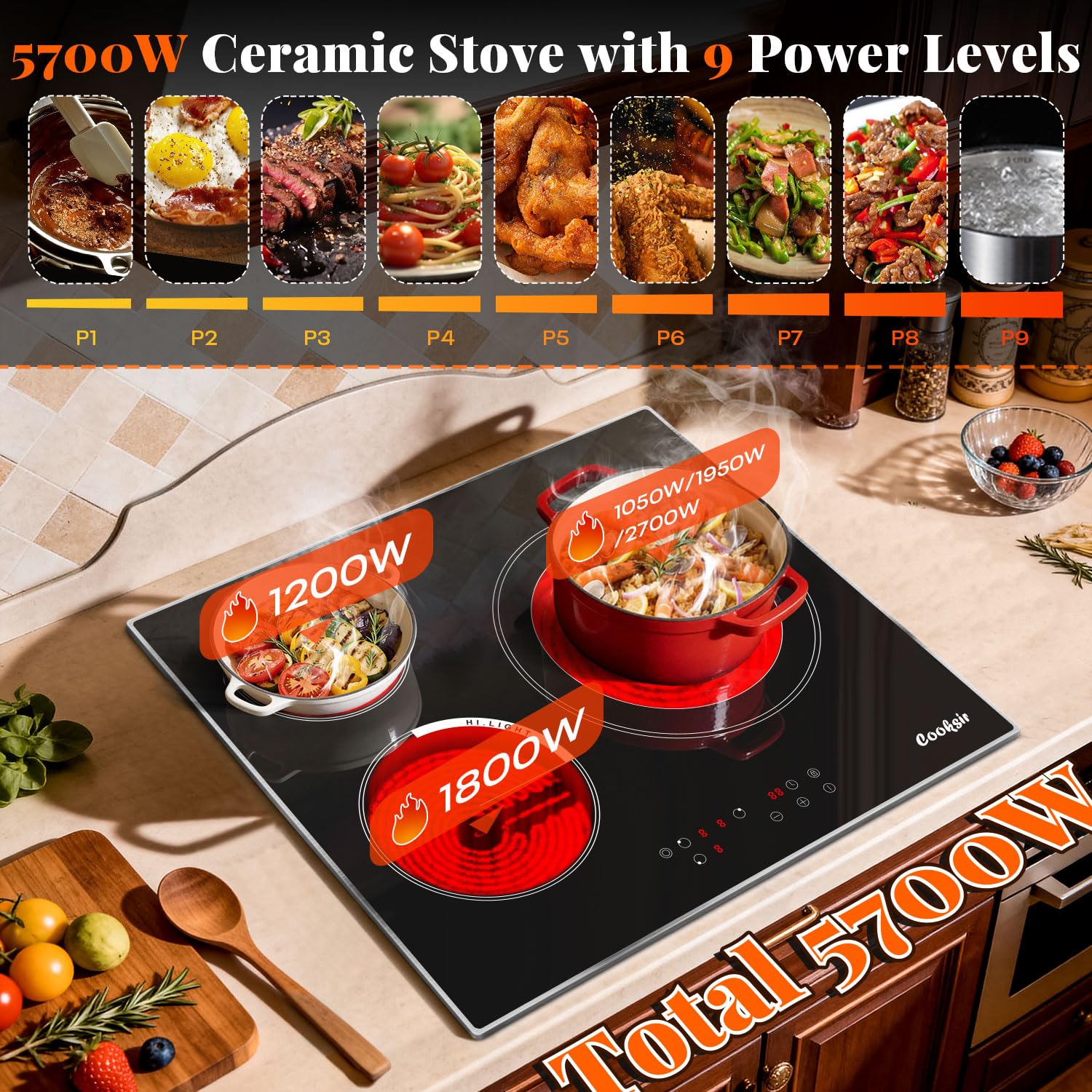 Płyta ceramiczna, 3-strefowa 5700W, 60 cm kuchenka elektryczna wbudowana, dotykowa, 9-poziom mocy, 99 MinutenTimer, bez wtyczki
