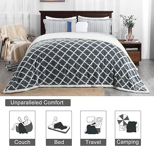 Miniatura 6 de Basic Beyond Manta tamaño King  Manta de forro polar suave y acogedora con respaldo de sherpa manta de sherpa gris tamaño King con diseño jacquard