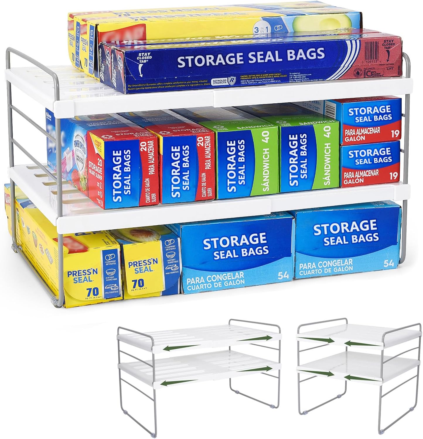 Pantry Organization and Storage for Kitchen - Expandable Kitchen Wrap Box Organizer Rack, Foil Organizer for Cabinet & Counter, Height & Width Adjustable Cupboard Storage Rack - (3 Tier 9.8 to 15.6"L) White-1p