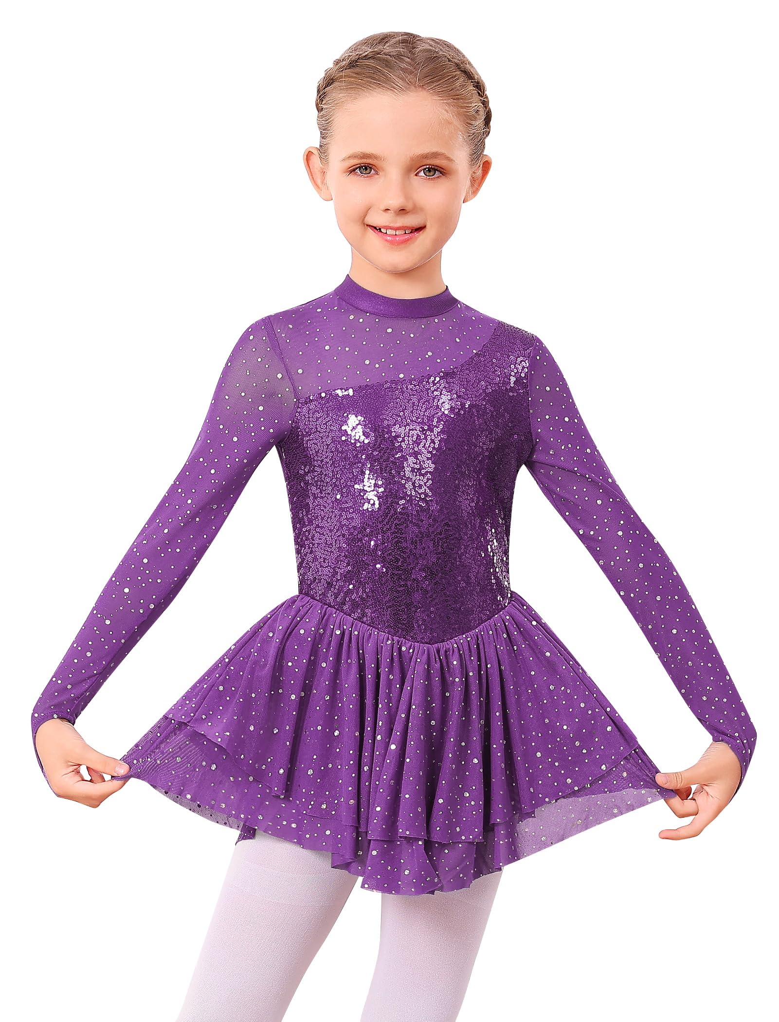 ODASDO Figure Skating Dress for Girls Mesh Long Sleeve Sparkly Sequin Skirted Leotard Ballet Outfit Dancewear