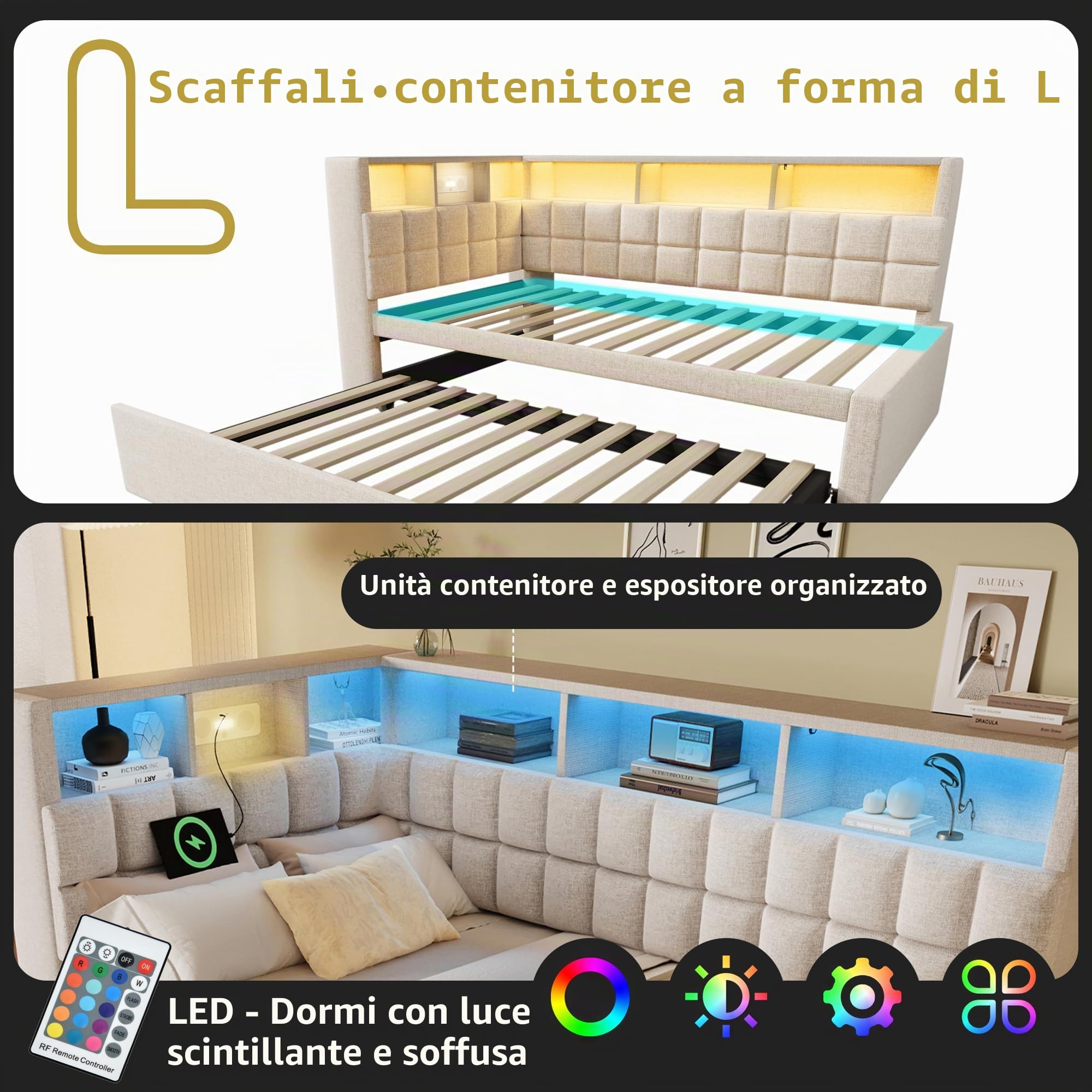 Divano letto 90x200 con Letto estraibile 90x190 con illuminazione a LED, Altoparlante Bluetooth, Porta di ricarica USB e Type-C, Testiera Portaoggetti, Montabile su entrambi i Lati,Tessuto di lino