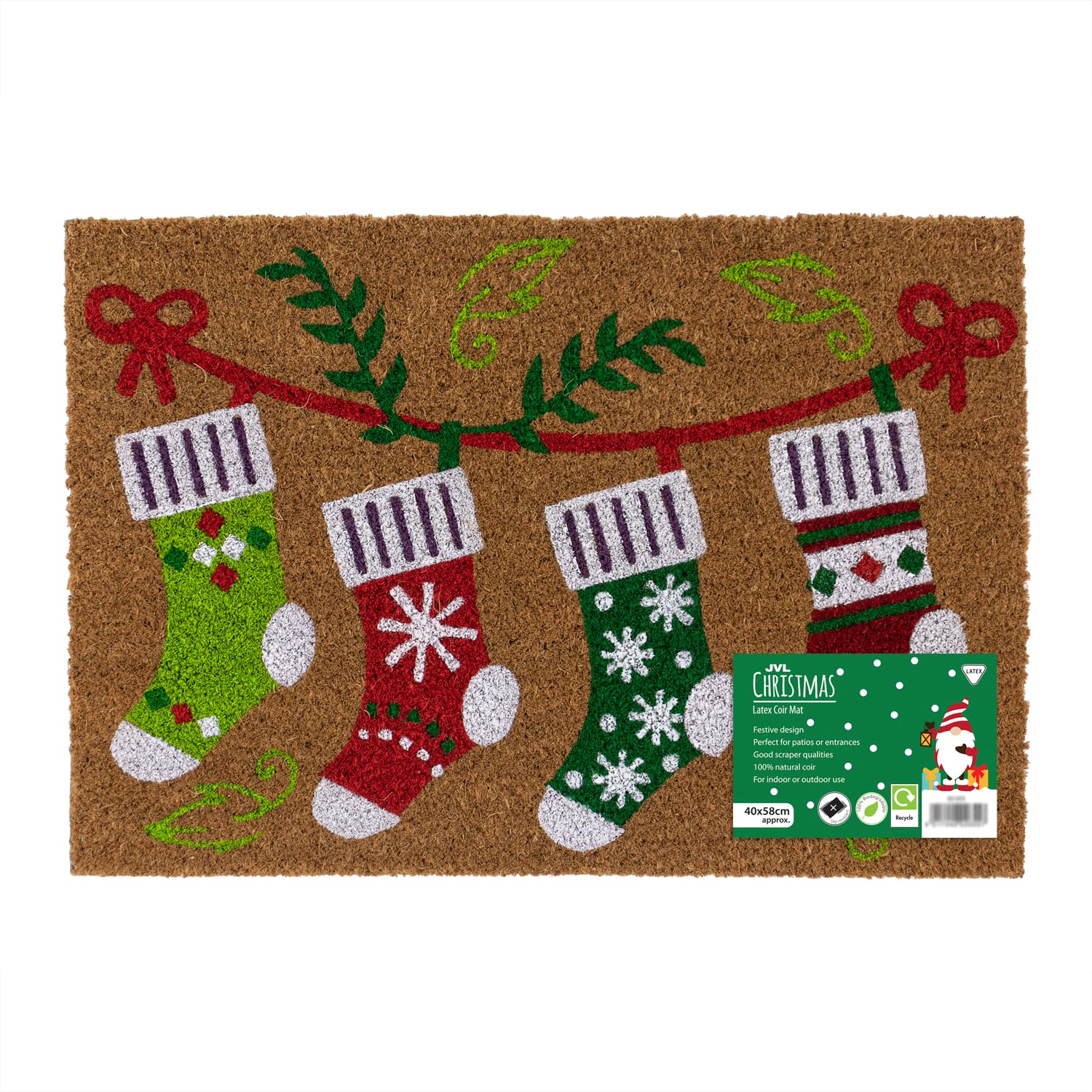 JVL Festive Latex Backed Coir Entrance Doormat, 40x58cm, Stockings