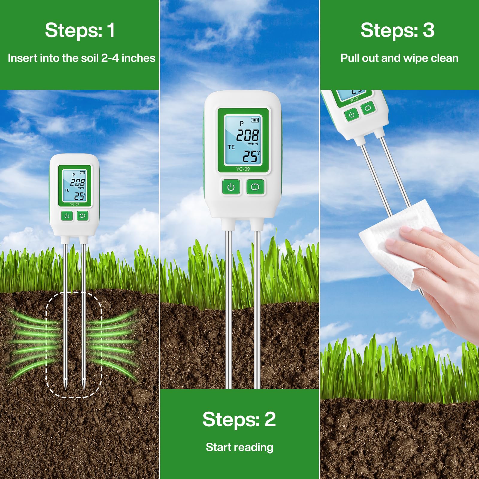 Misuratore di Suolo 4 in 1 per NPK e Temperatura, Sonda da 268mm Tester Digitale di Fertilità per Giardinaggio Domestico Piante e Orto