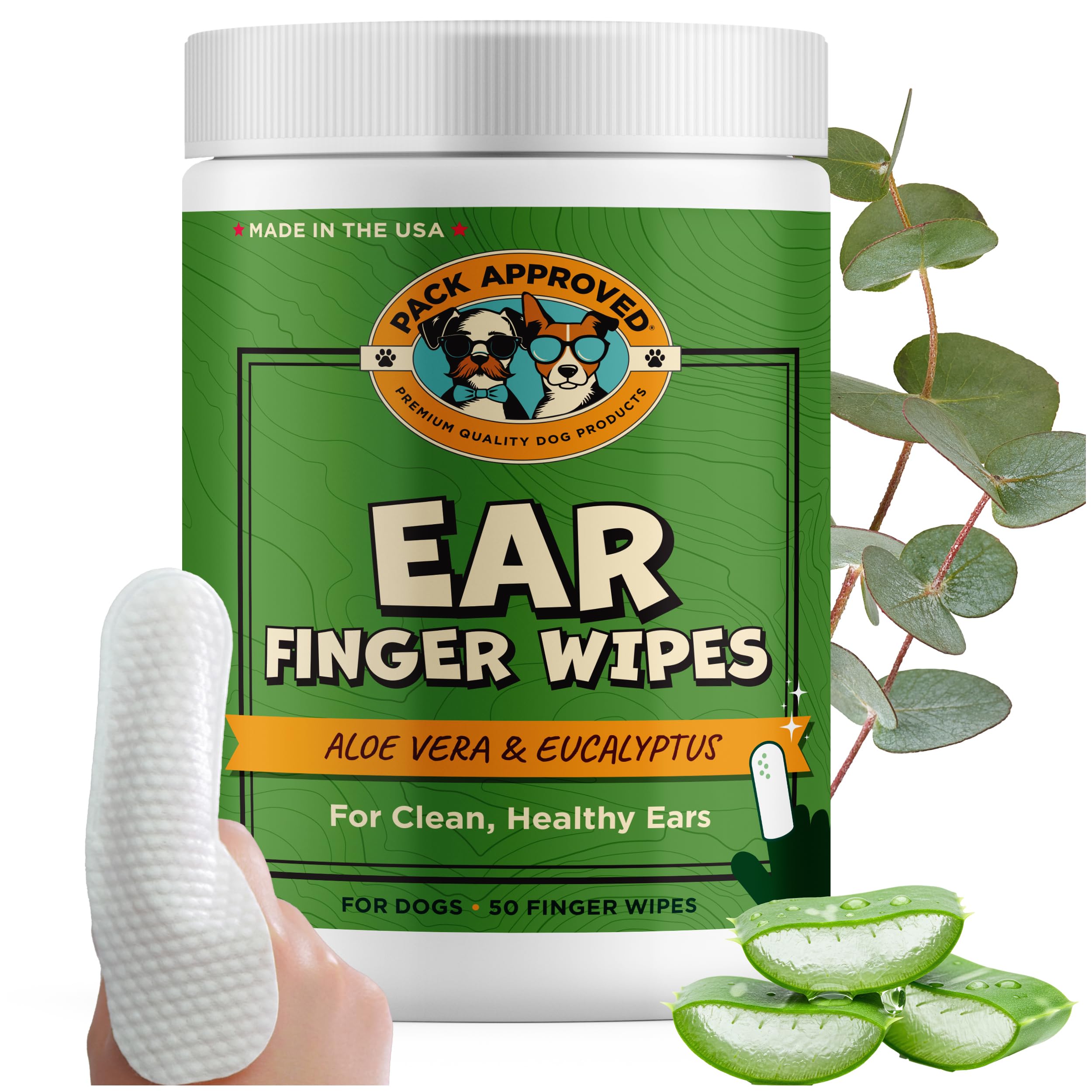 Finger Ear Wipes for Dogs with Aloe Vera and Eucalyptus - Convenient, Extra-Coverage, and Large Design Dog Ear Cleaning Wipes - Removes Wax and Freshens Ears - 50 Wipes